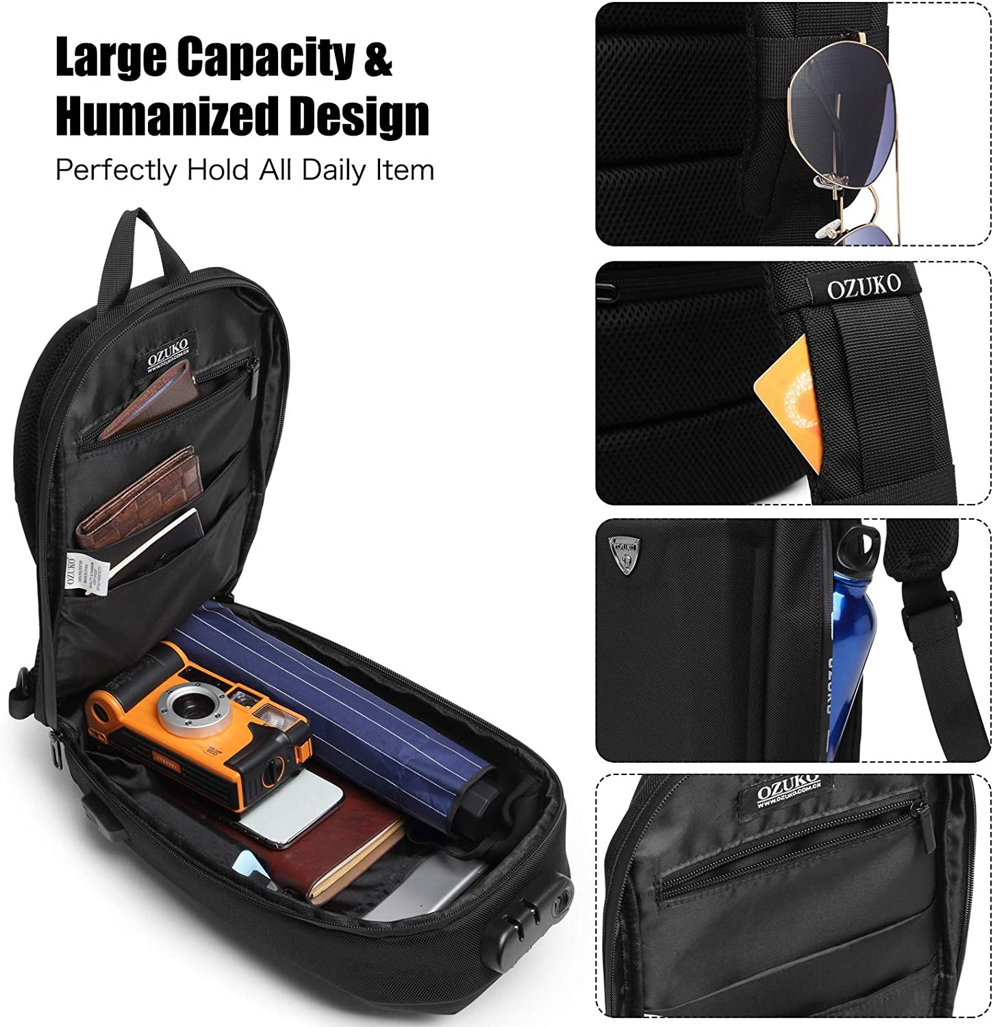 Outdoor Sling Chest Bag Anti-Theft Shoulder Crossbody Backpack Men Teens Casual Daypacks with USB Charging Port for Travel Work Hiking Running Indoor Activities Waterproof Polyester Black