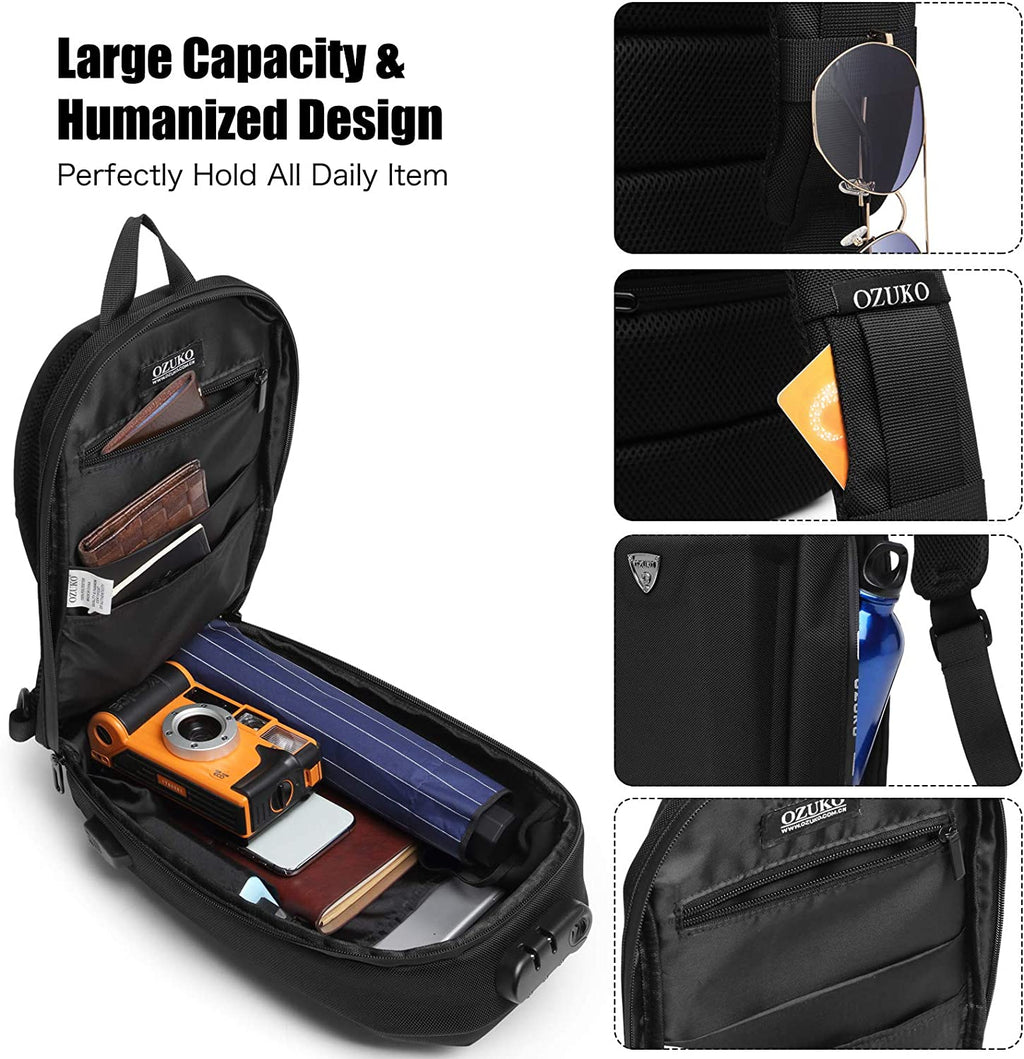 Outdoor Sling Chest Bag Anti-Theft Shoulder Crossbody Backpack Men Teens Casual Daypacks with USB Charging Port for Travel Work Hiking Running Indoor Activities Waterproof Polyester Dark Blue