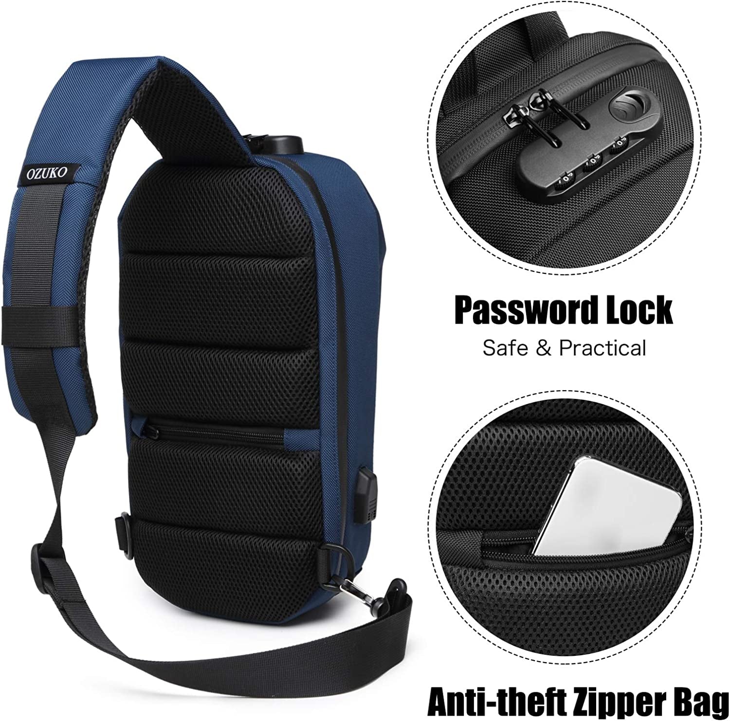 Outdoor Sling Chest Bag Anti-Theft Shoulder Crossbody Backpack Men Teens Casual Daypacks with USB Charging Port for Travel Work Hiking Running Indoor Activities Waterproof Polyester Dark Blue