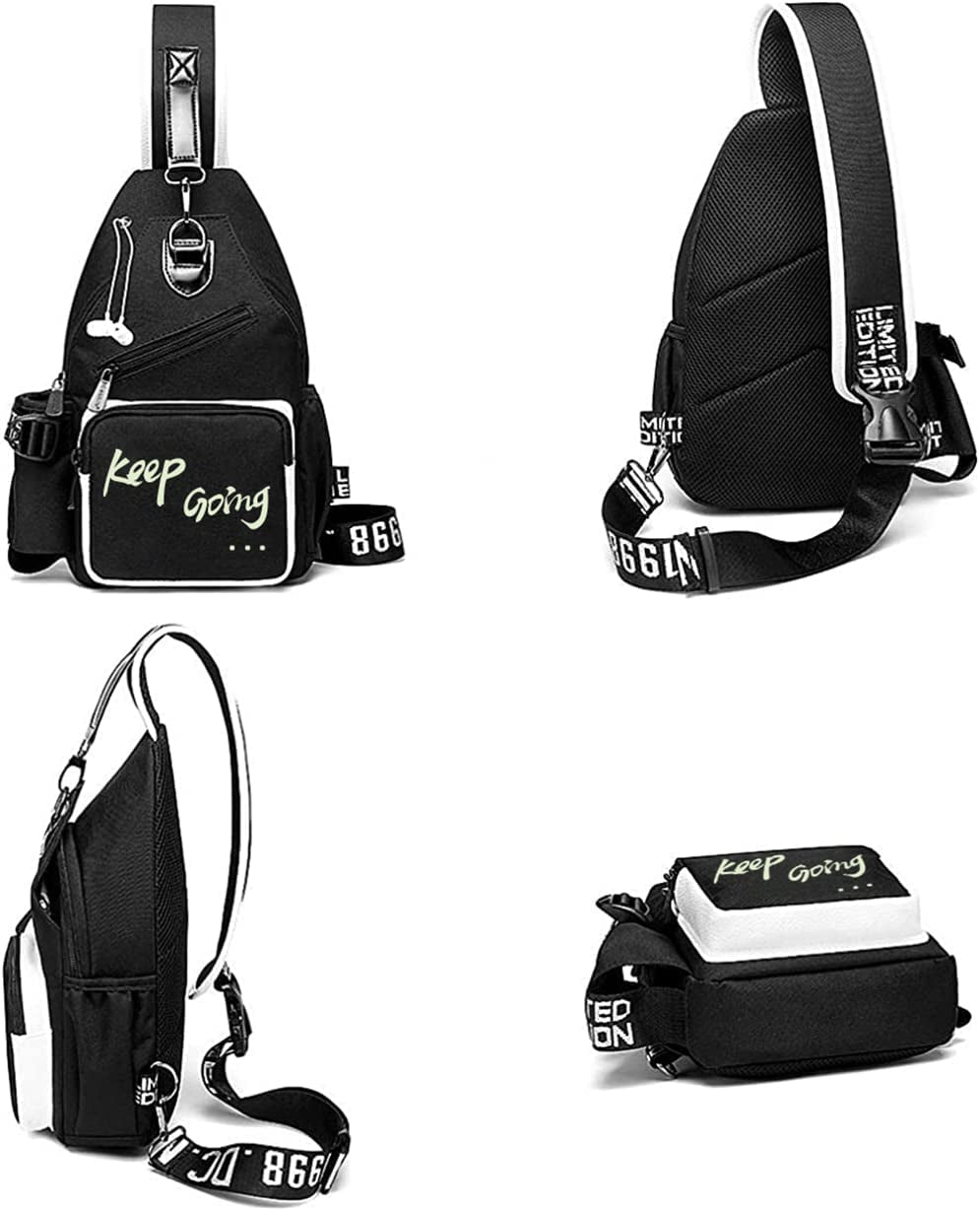 Luminous Sling Bag Cross Body Shoulder Backpack Multifunction Chest Bag with USB Charging Port for Men Boys Travel Sports Keep Going