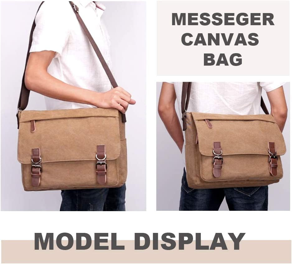 Messenger Shoulder Bag for Men Canvas Laptop Casual Day Bag Cross-Body Briefcase Schoolbag (Brown, L)