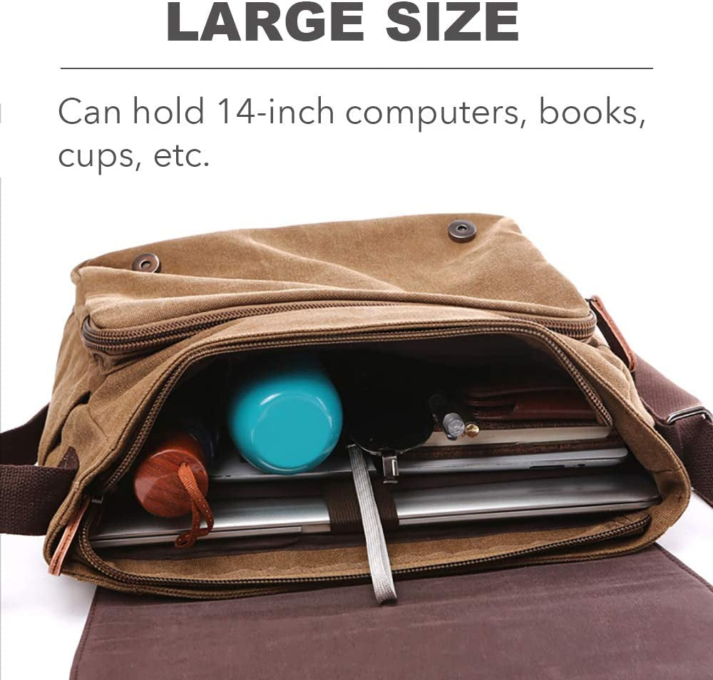 Messenger Shoulder Bag for Men Canvas Laptop Casual Day Bag Cross-Body Briefcase Schoolbag (Brown, L)