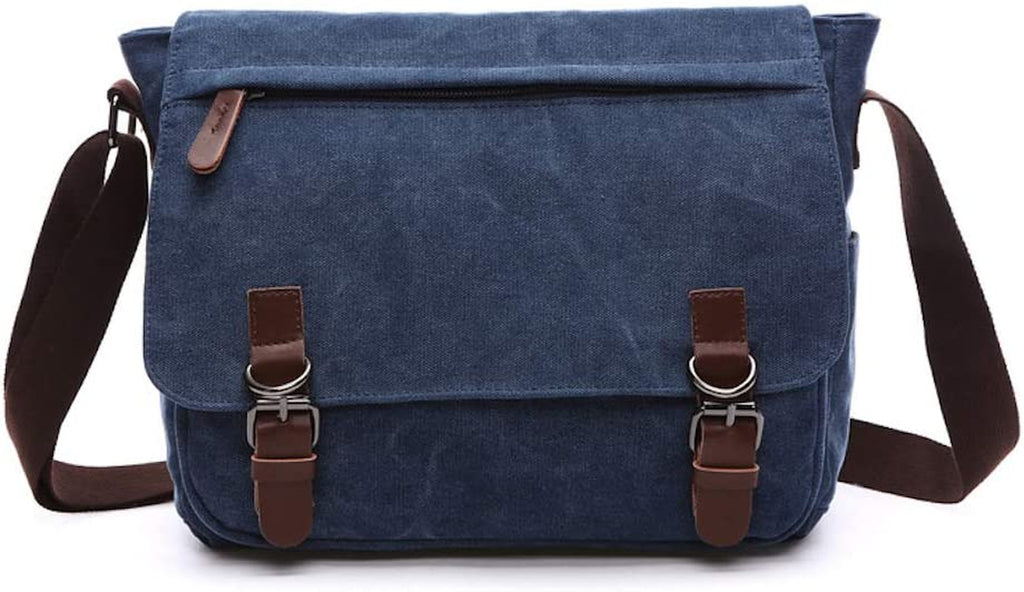 Messenger Shoulder Bag for Men Canvas Laptop Casual Day Bag Cross-Body Briefcase Schoolbag (Blue, L)