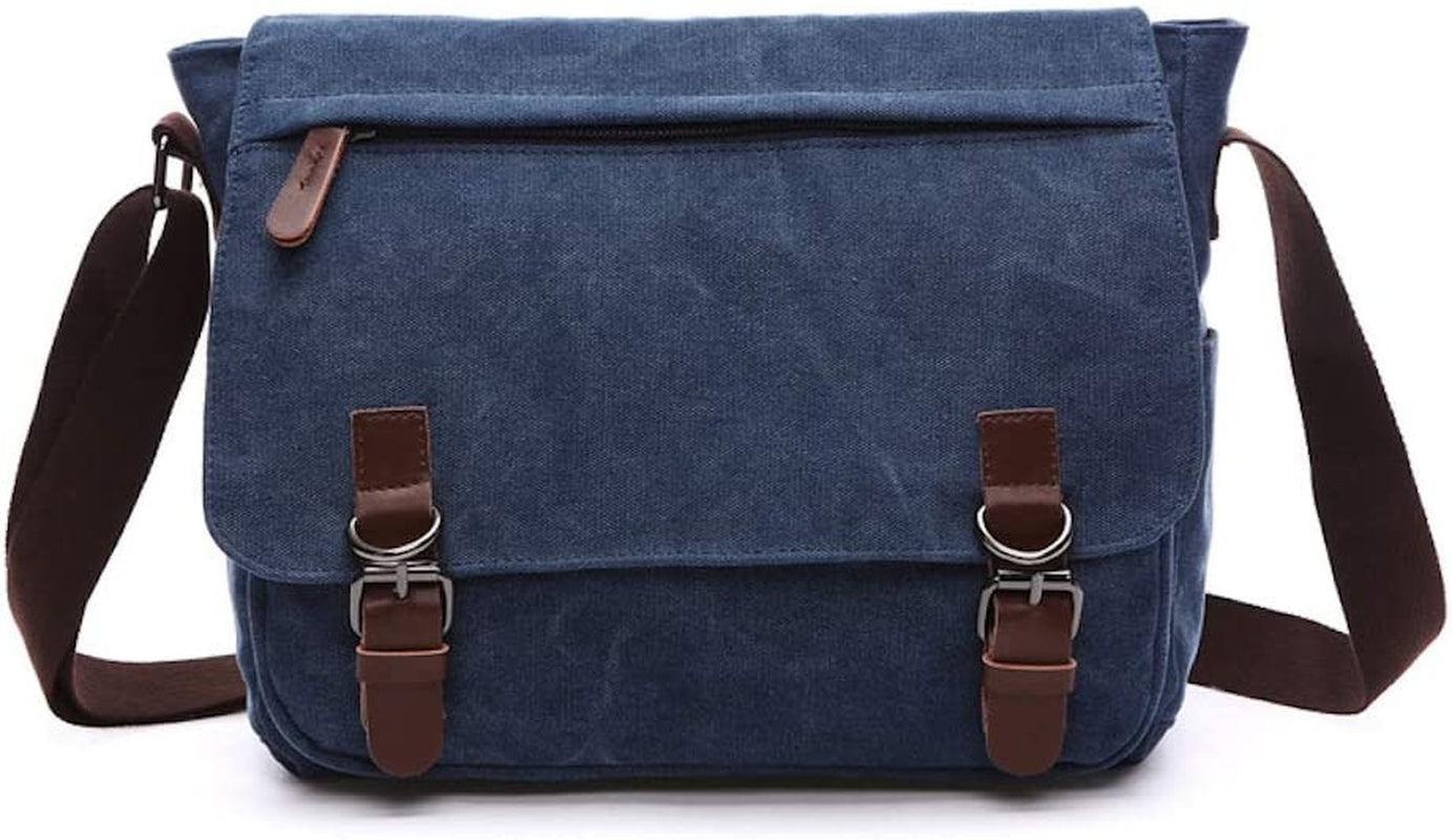 Messenger Shoulder Bag for Men Canvas Laptop Casual Day Bag Cross-Body Briefcase Schoolbag (Blue, L)