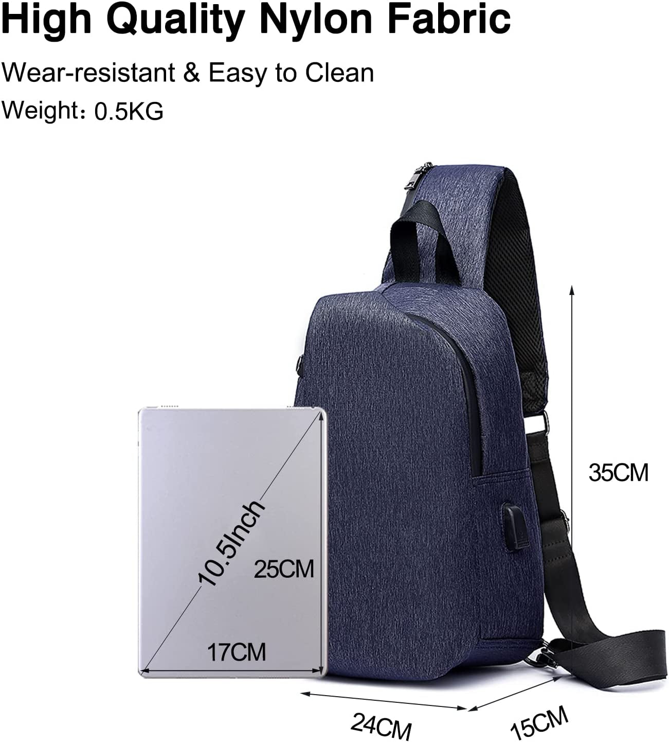 Casual Sling Chest Bag Men Business Shoulder Crossbody Backpack with USB Charging Port Large Casual Daypack for Outdoor Travel Work Hiking Running Indoor Activities Waterproof Nylon Dark Blue