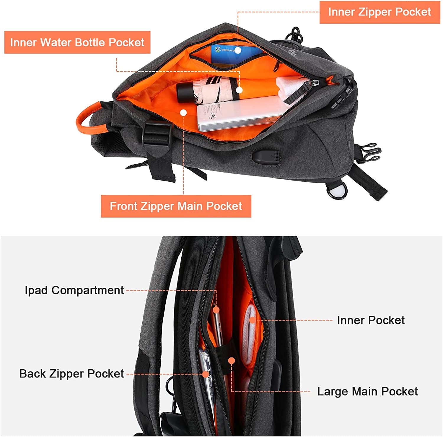 Sling Bags Crossbody Backpack for Men Women,Waterproof Sling Backpack One Strap Shoulder Chest Bag Multipurpose Daypacks with USB Charger Port for Hiking Walking Biking Travel Cycling