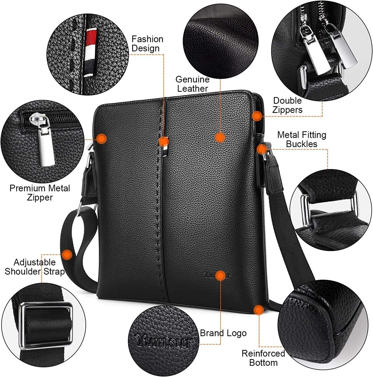 Mens Shoulder Bag, Genuine Leather Messenger Handbag Crossbody Bag for Men Purse Ipad Bag for Business Office Work School with Adjustable Strap Black