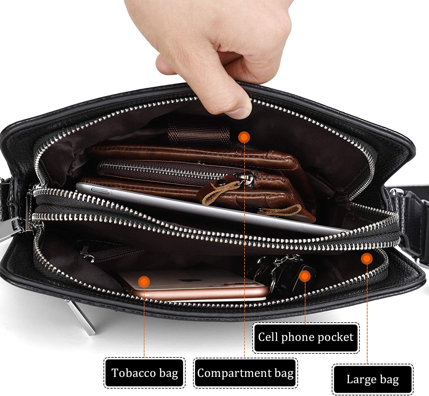 Mens Shoulder Bag, Genuine Leather Messenger Handbag Crossbody Bag for Men Purse Ipad Bag for Business Office Work School with Adjustable Strap Black