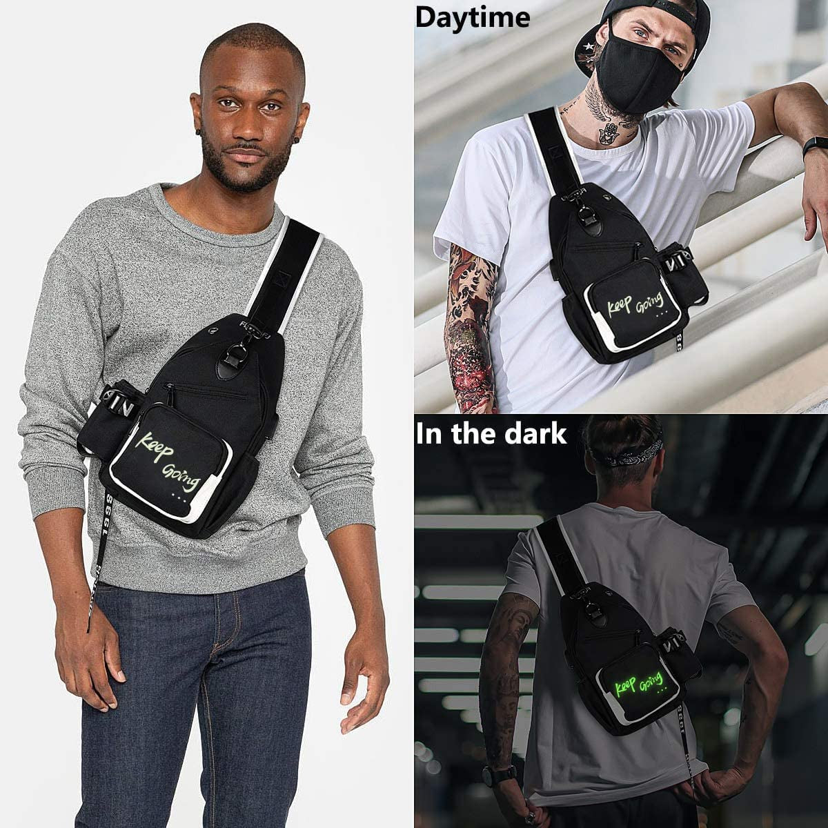 Luminous Sling Bag Cross Body Shoulder Backpack Multifunction Chest Bag with USB Charging Port for Men Boys Travel Sports Keep Going