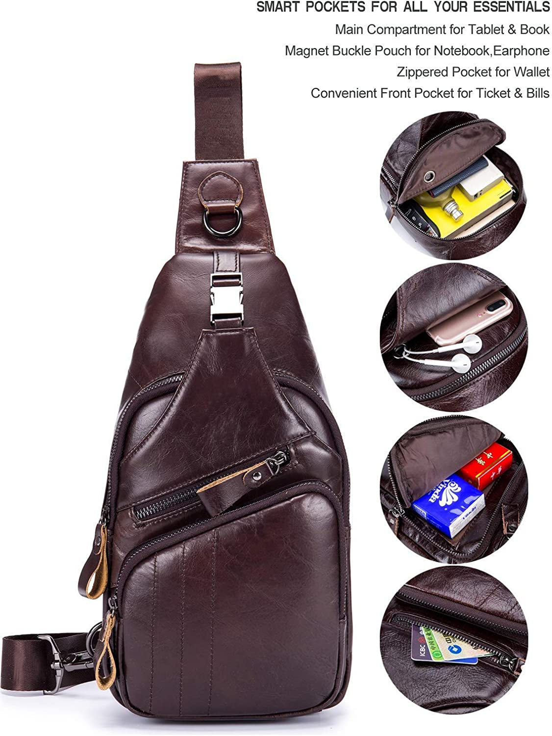 Men'S Sling Bag Genuine Leather Bags for Men Crossbody Bag Chest Shoulder Backpack Vintage Water Resistant