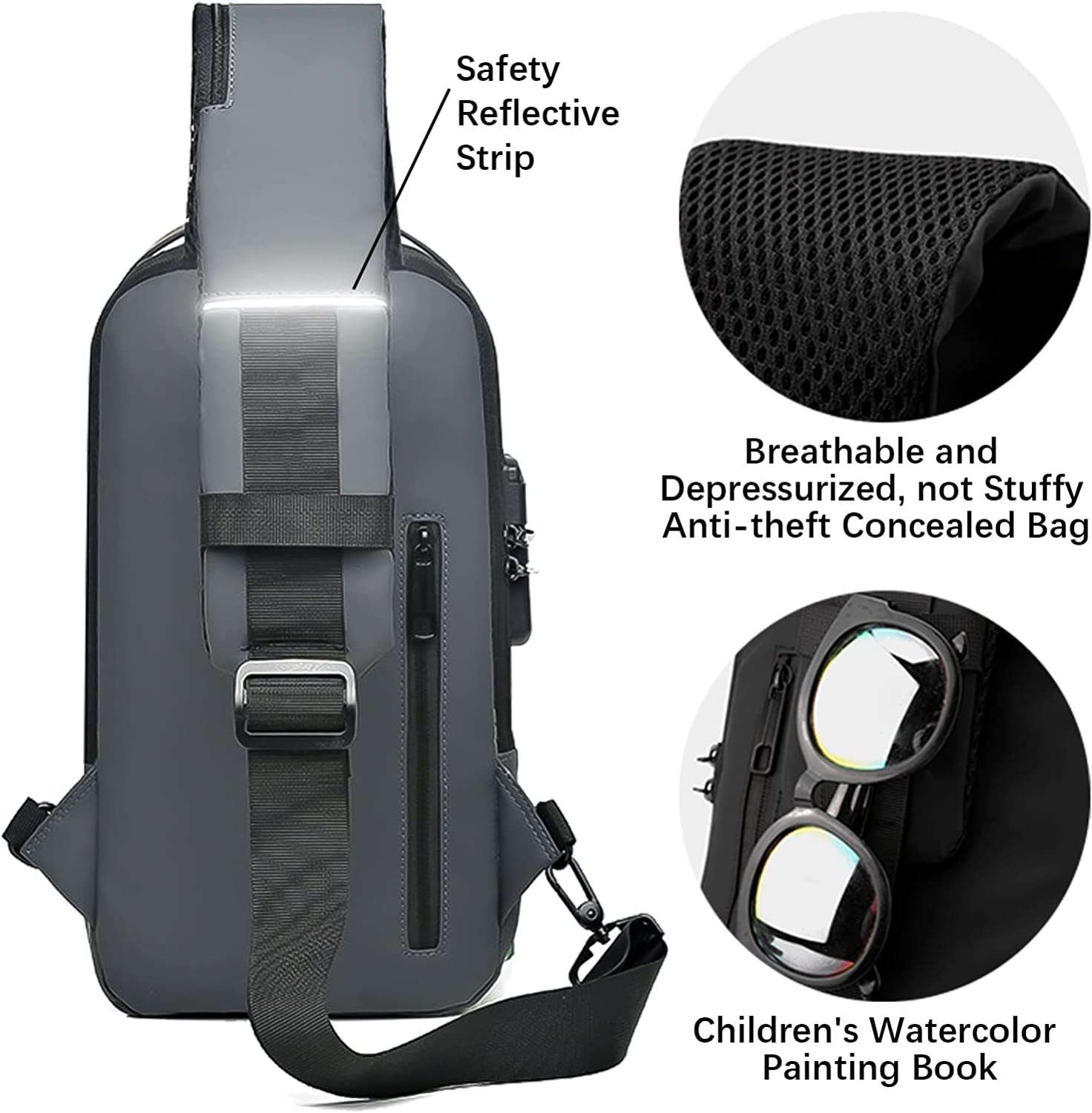 Aucuu Shoulder Bags Chest Bags, Usb Rechargeable Password Bag Sling Bags, Crossbody Daypacks Small Backpacks, Anti-Theft Waterproof Lightweight One Strap Rucksack Messenger Bags for Hiking