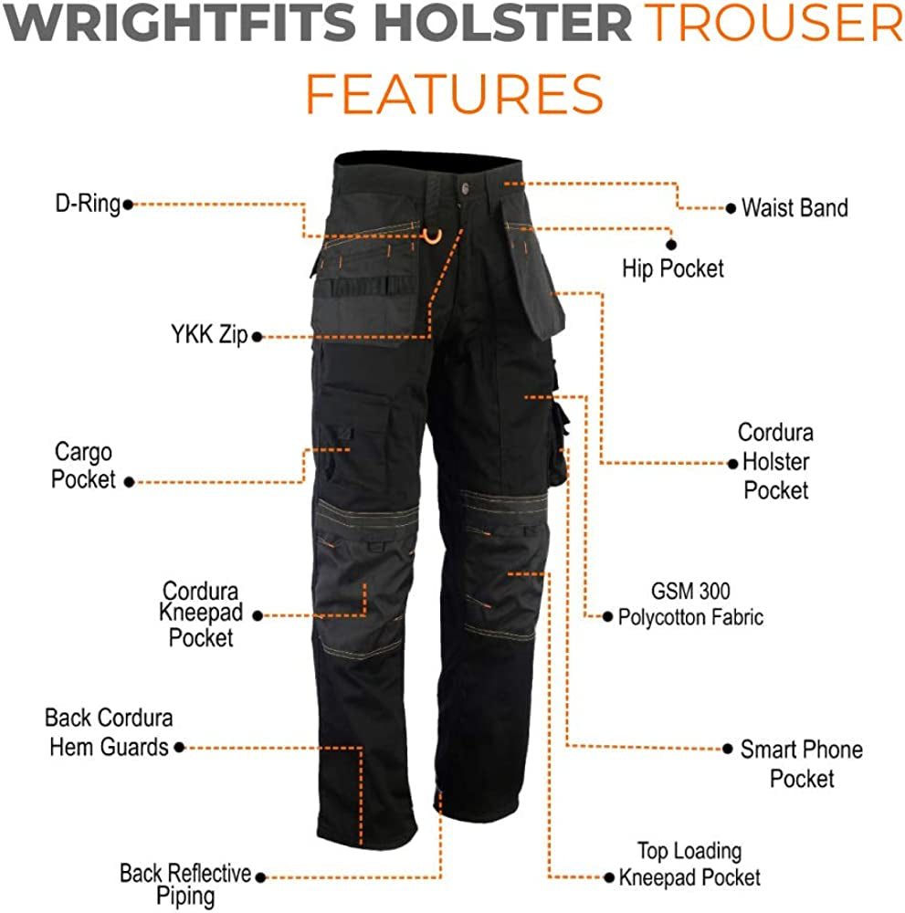 Men Holster Work Trousers Black - Heavy Duty Safety Combat Cargo Pants - Multi Pockets - Knee Pad Pockets - Triple Stitched - Durable Workwear