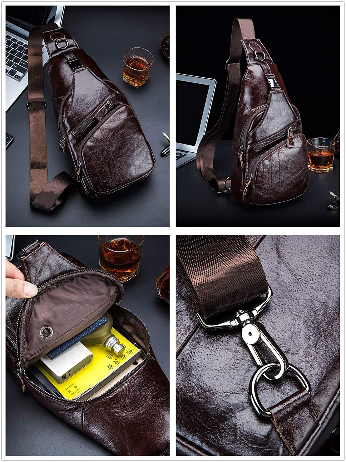 Men'S Sling Bag Genuine Leather Bags for Men Crossbody Bag Chest Shoulder Backpack Vintage Water Resistant