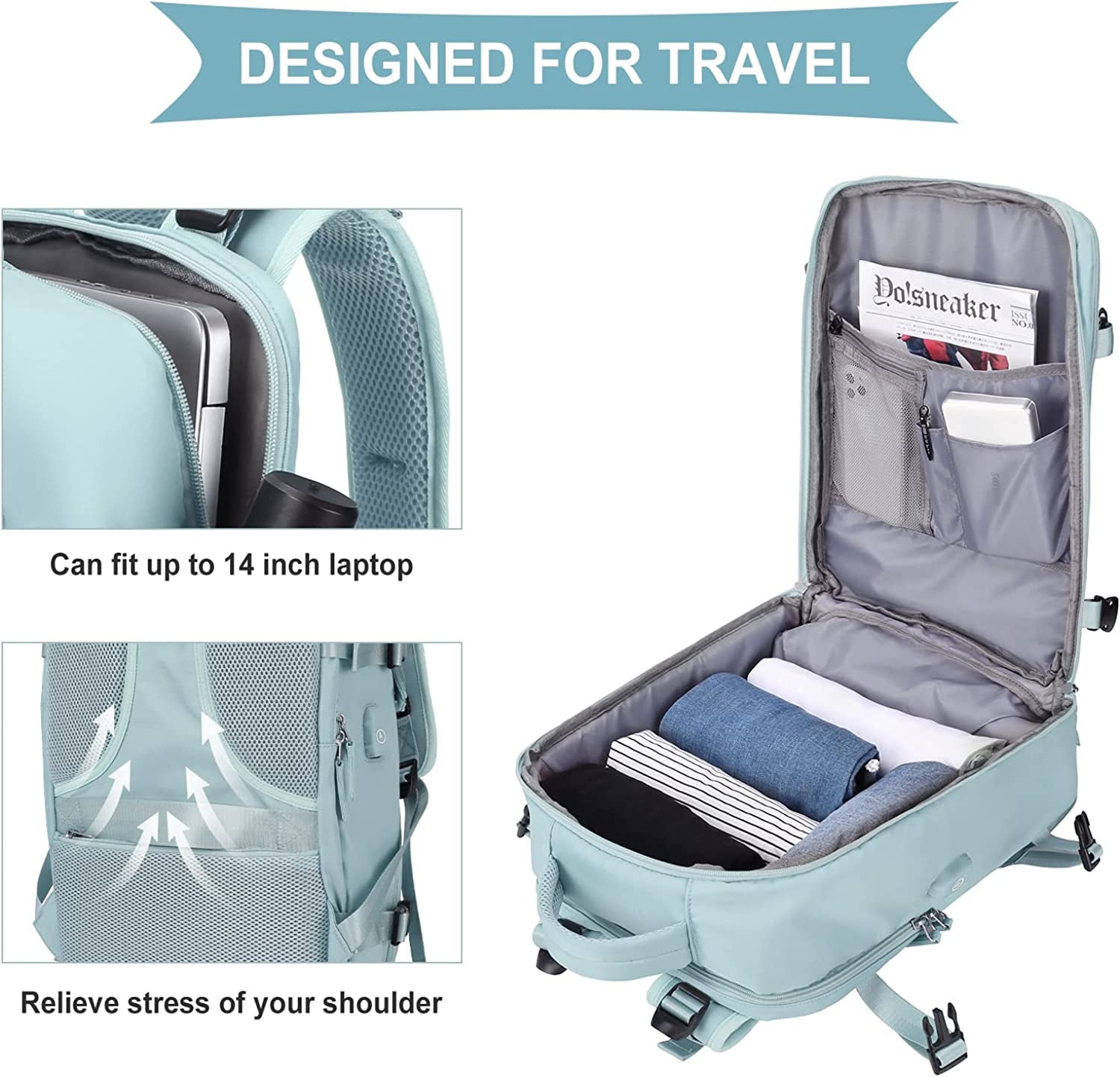 Large Travel Backpack Women, Carry on Backpack Men,Hiking Backpack Waterproof Outdoor Sports Rucksack Casual Daypack School Bag Fit 14 Inch Laptop with USB Charging Port Shoes Compartment
