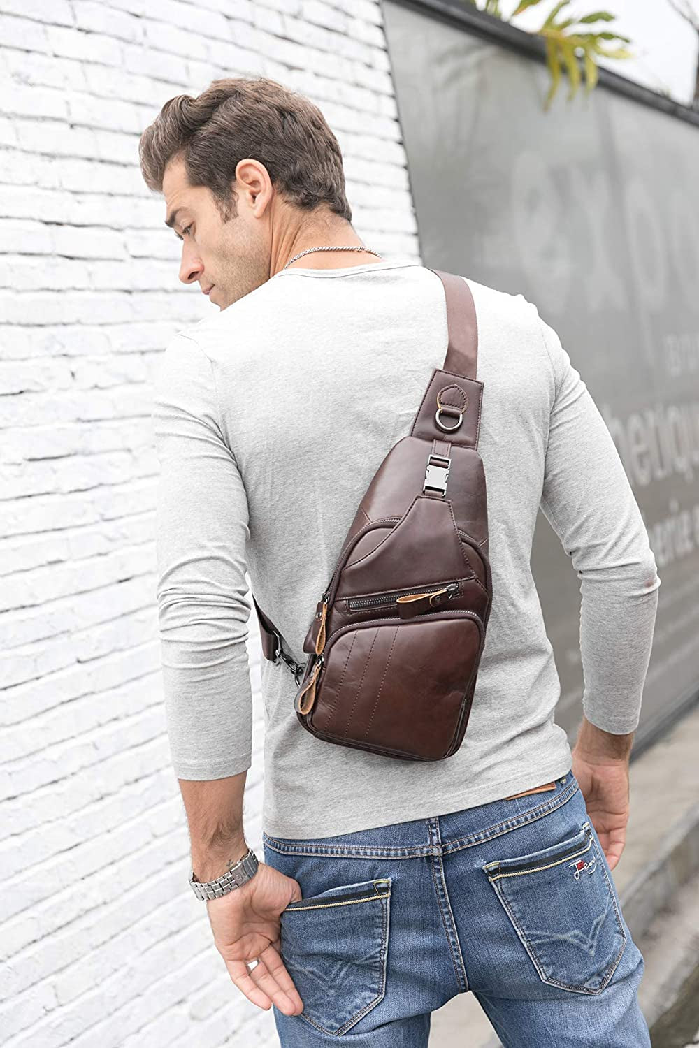 Men'S Sling Bag Genuine Leather Bags for Men Crossbody Bag Chest Shoulder Backpack Vintage Water Resistant