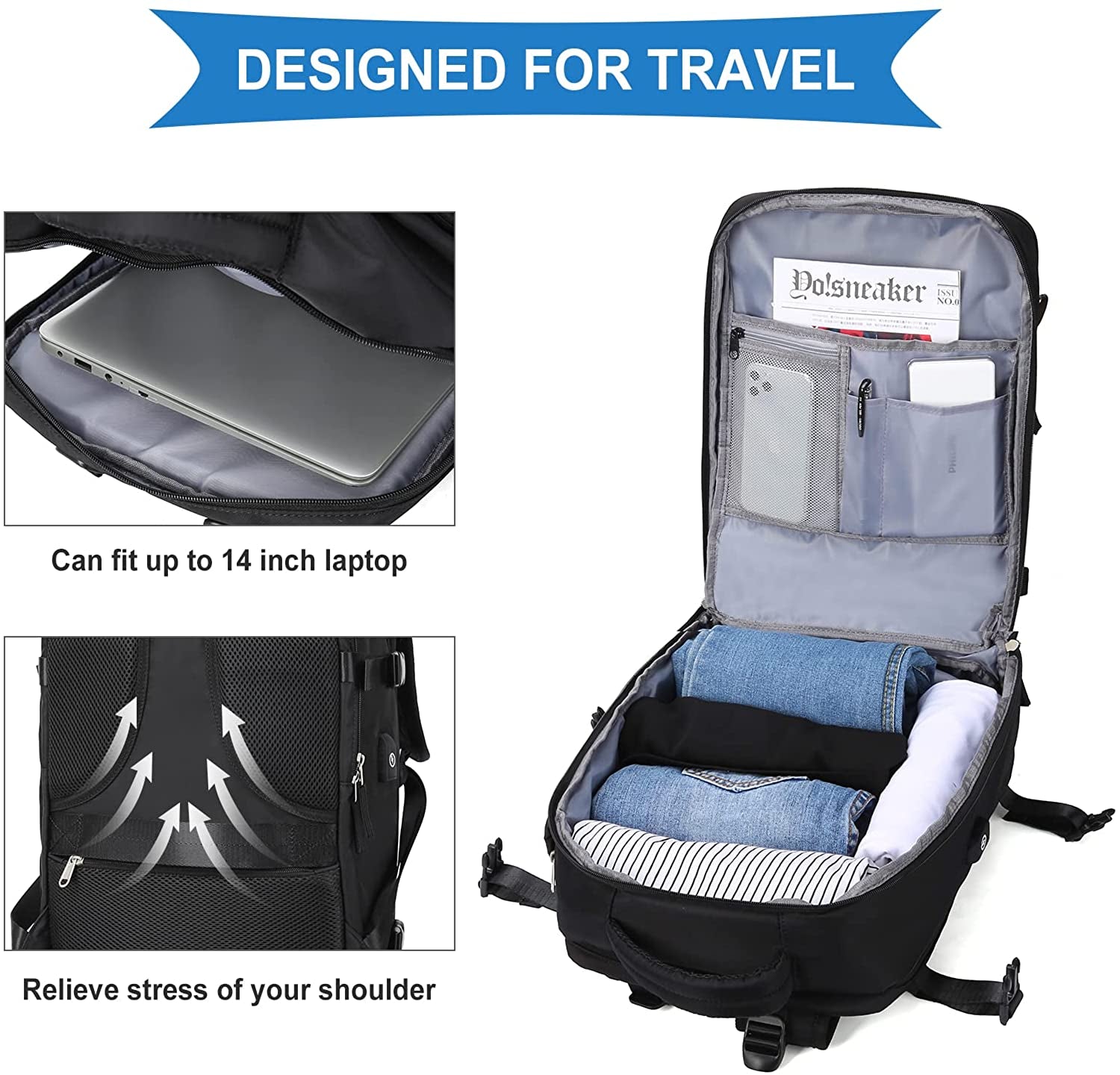 Large Travel Backpack Women, Carry on Backpack Men,Hiking Backpack Waterproof Outdoor Sports Rucksack Casual Daypack School Bag Fit 14 Inch Laptop with USB Charging Port Shoes Compartment