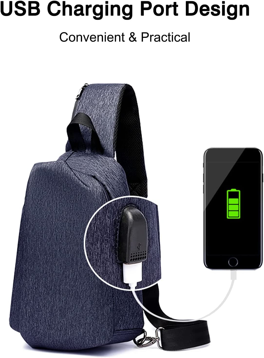 Casual Sling Chest Bag Men Business Shoulder Crossbody Backpack with USB Charging Port Large Casual Daypack for Outdoor Travel Work Hiking Running Indoor Activities Waterproof Nylon Dark Blue