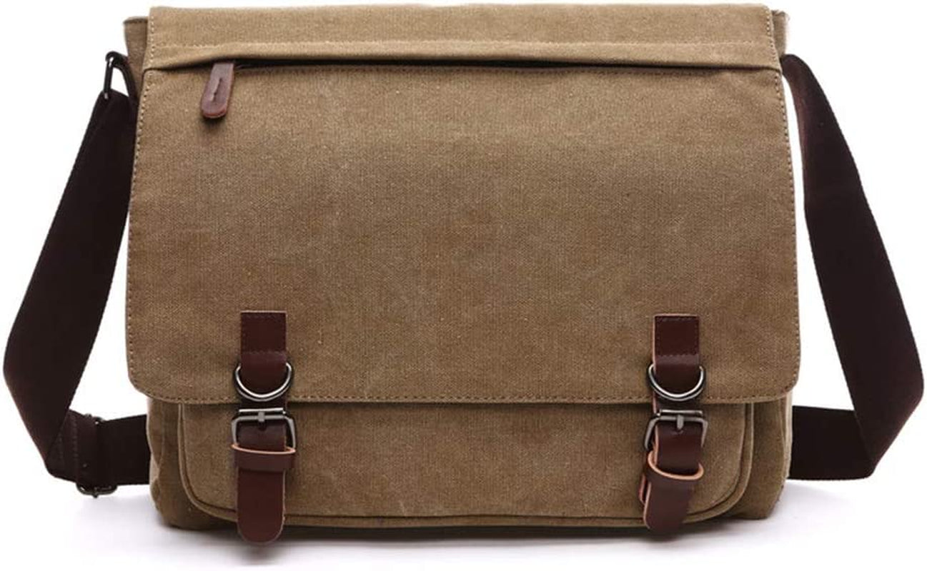 Messenger Shoulder Bag for Men Canvas Laptop Casual Day Bag Cross-Body Briefcase Schoolbag (Brown, L)