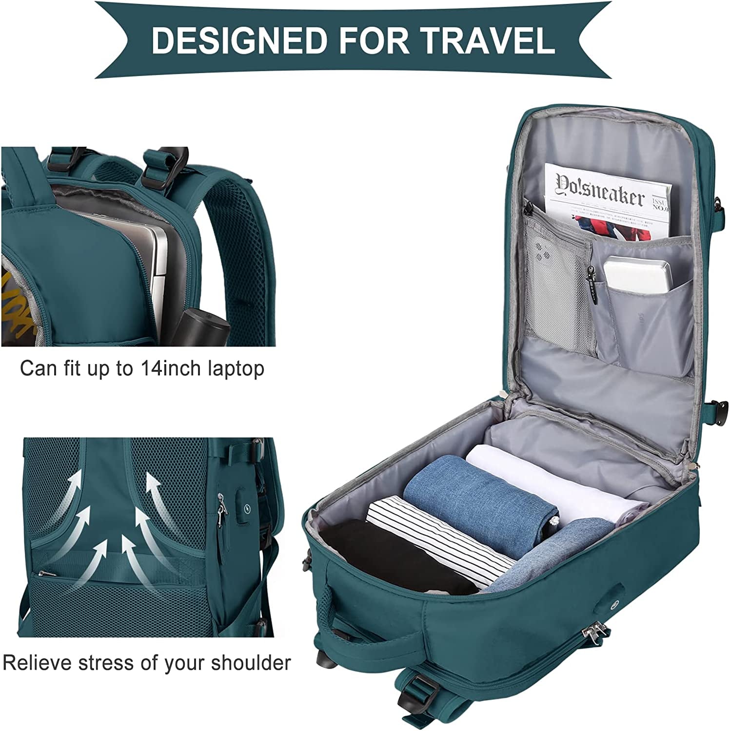 Large Travel Backpack Women, Carry on Backpack Men,Hiking Backpack Waterproof Outdoor Sports Rucksack Casual Daypack School Bag Fit 14 Inch Laptop with USB Charging Port Shoes Compartment
