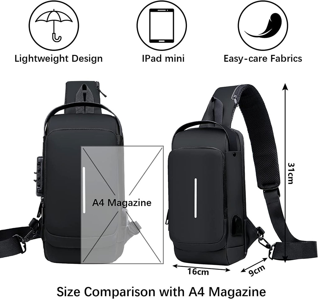 Aucuu Shoulder Bags Chest Bags, Usb Rechargeable Password Bag Sling Bags, Crossbody Daypacks Small Backpacks, Anti-Theft Waterproof Lightweight One Strap Rucksack Messenger Bags for Hiking