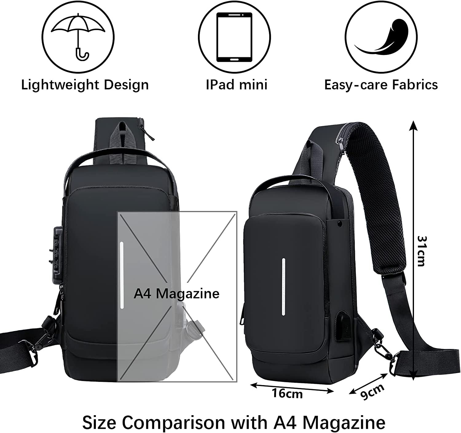 Aucuu Shoulder Bags Chest Bags, Usb Rechargeable Password Bag Sling Bags, Crossbody Daypacks Small Backpacks, Anti-Theft Waterproof Lightweight One Strap Rucksack Messenger Bags for Hiking