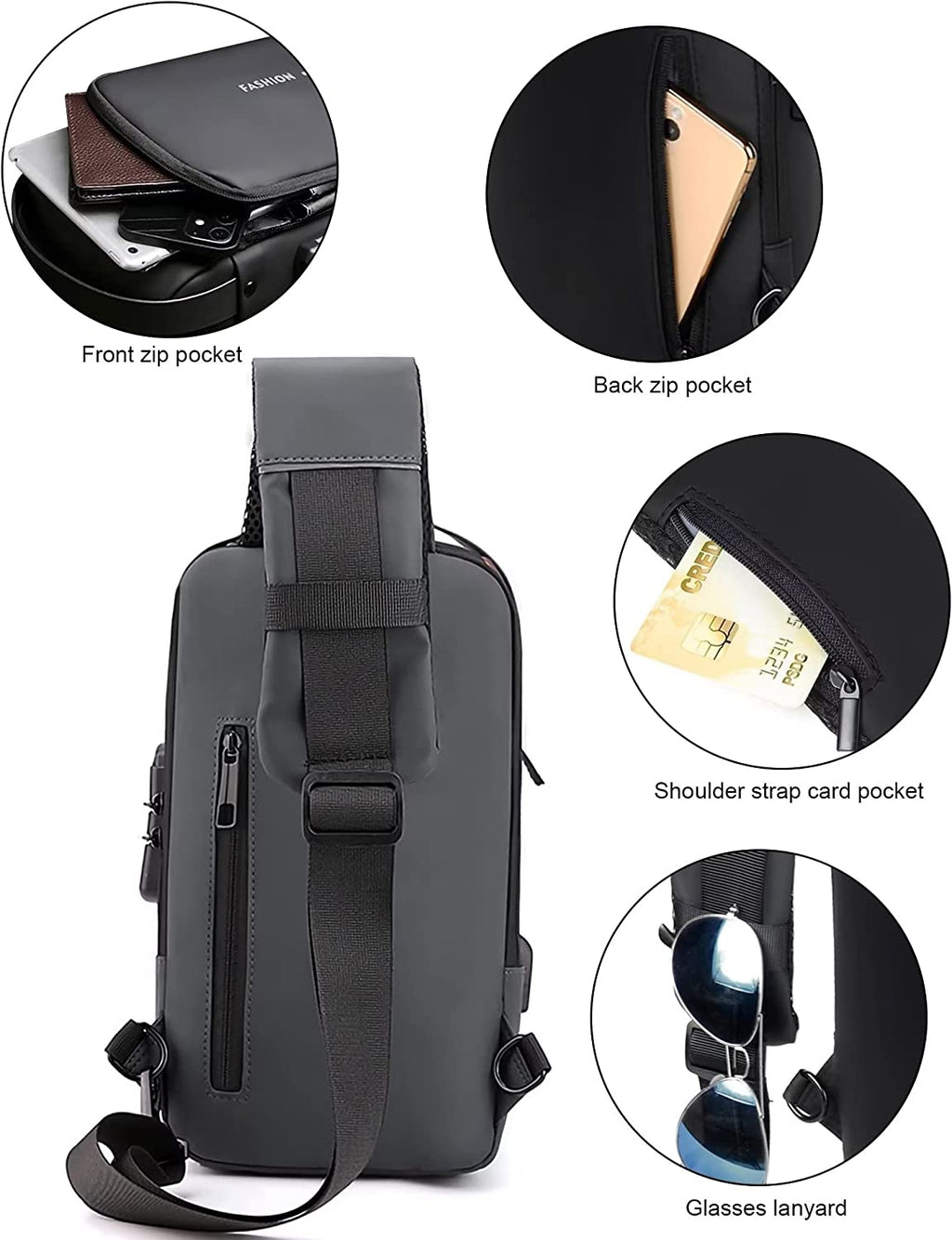 HAN-LBG Sling Bags for Men Women, Waterproof Chest Bag with USB Charging Port Anti-Theft Password Lock Crossbody Backpack Small Flex Shoulder Pack for Hiking Cycling Runningtravel