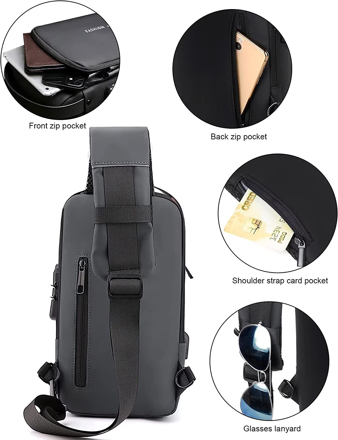 HAN-LBG Sling Bags for Men Women, Waterproof Chest Bag with USB Charging Port Anti-Theft Password Lock Crossbody Backpack Small Flex Shoulder Pack for Hiking Cycling Runningtravel