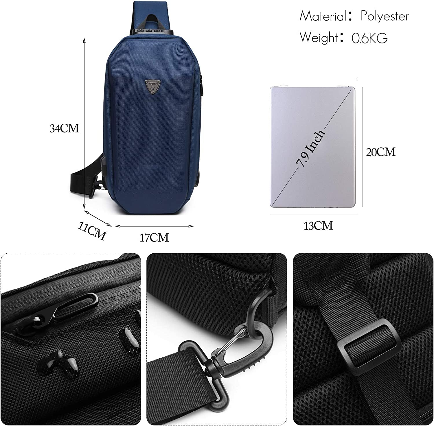 Outdoor Sling Chest Bag Anti-Theft Shoulder Crossbody Backpack Men Teens Casual Daypacks with USB Charging Port for Travel Work Hiking Running Indoor Activities Waterproof Polyester Dark Blue