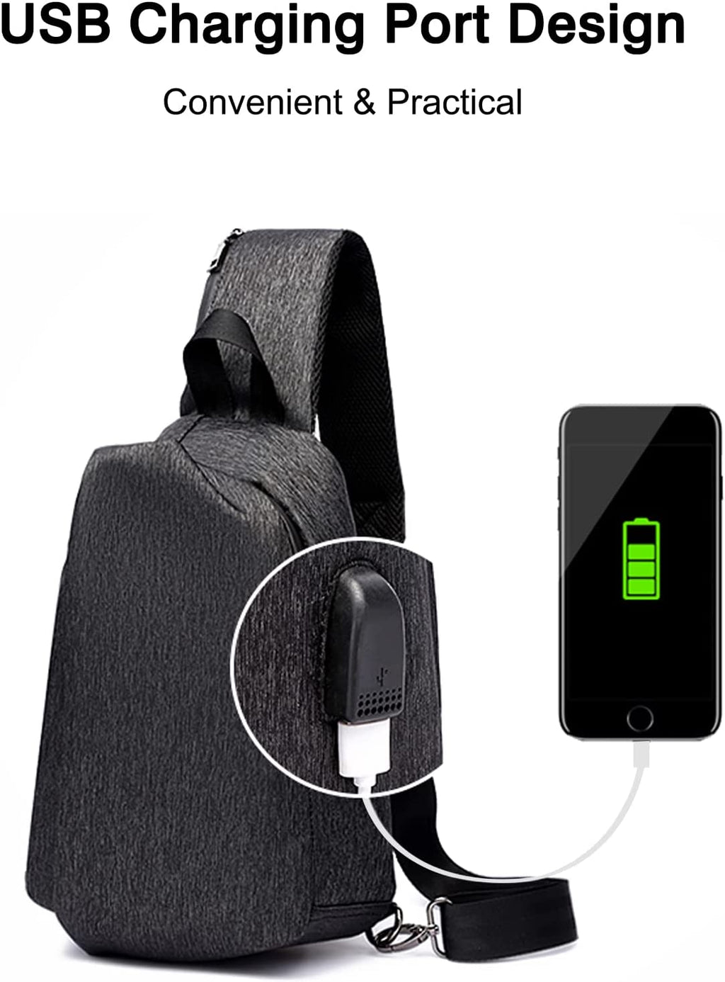Casual Sling Chest Bag Men Business Shoulder Crossbody Backpack with USB Charging Port Large Casual Daypack for Outdoor Travel Work Hiking Running Indoor Activities Waterproof Nylon Black
