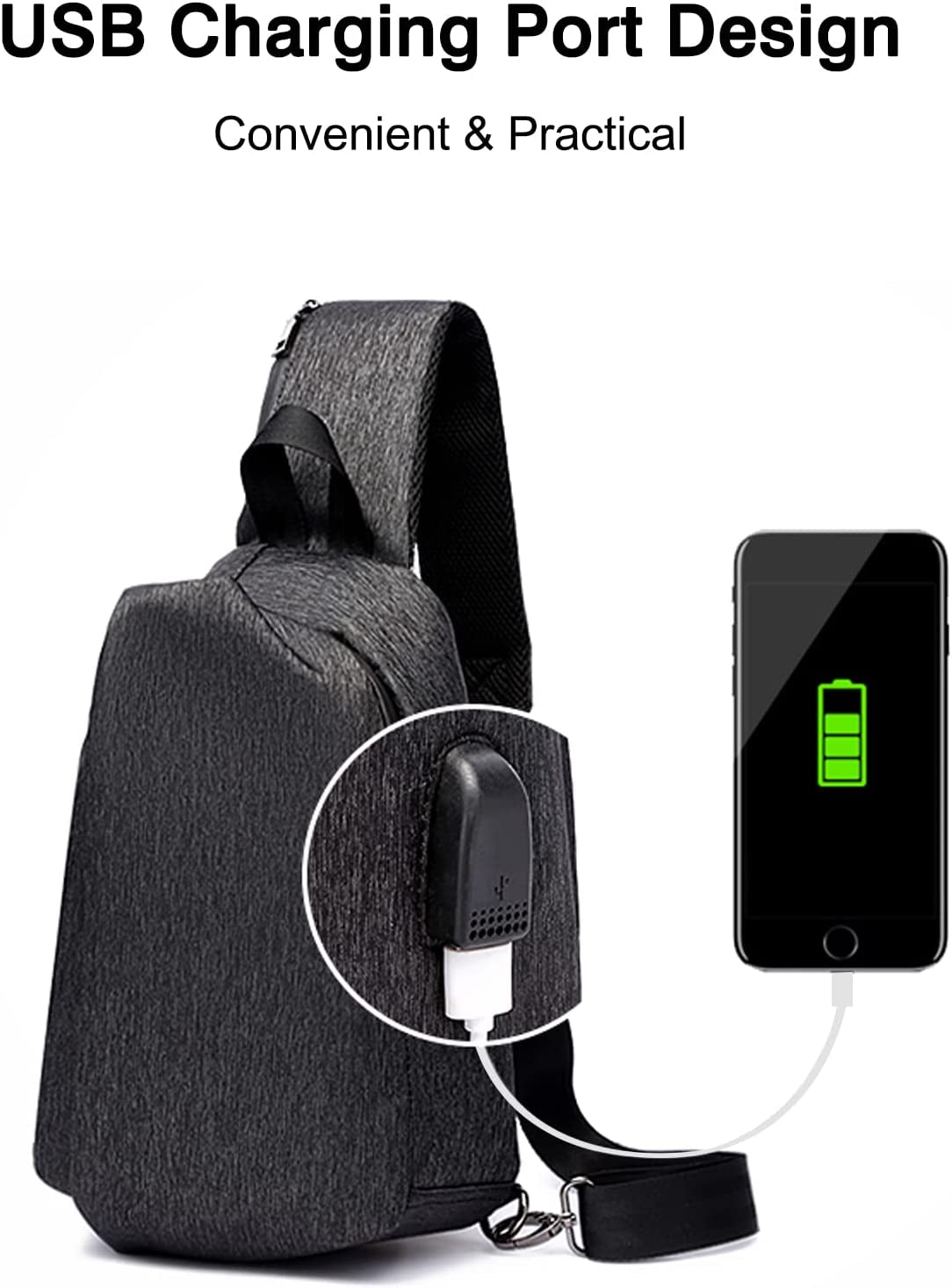 Casual Sling Chest Bag Men Business Shoulder Crossbody Backpack with USB Charging Port Large Casual Daypack for Outdoor Travel Work Hiking Running Indoor Activities Waterproof Nylon Black