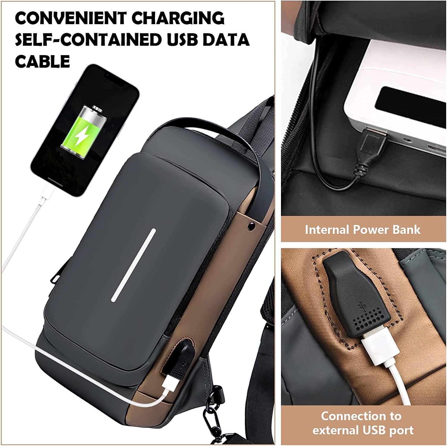 Aucuu Shoulder Bags Chest Bags, Usb Rechargeable Password Bag Sling Bags, Crossbody Daypacks Small Backpacks, Anti-Theft Waterproof Lightweight One Strap Rucksack Messenger Bags for Hiking