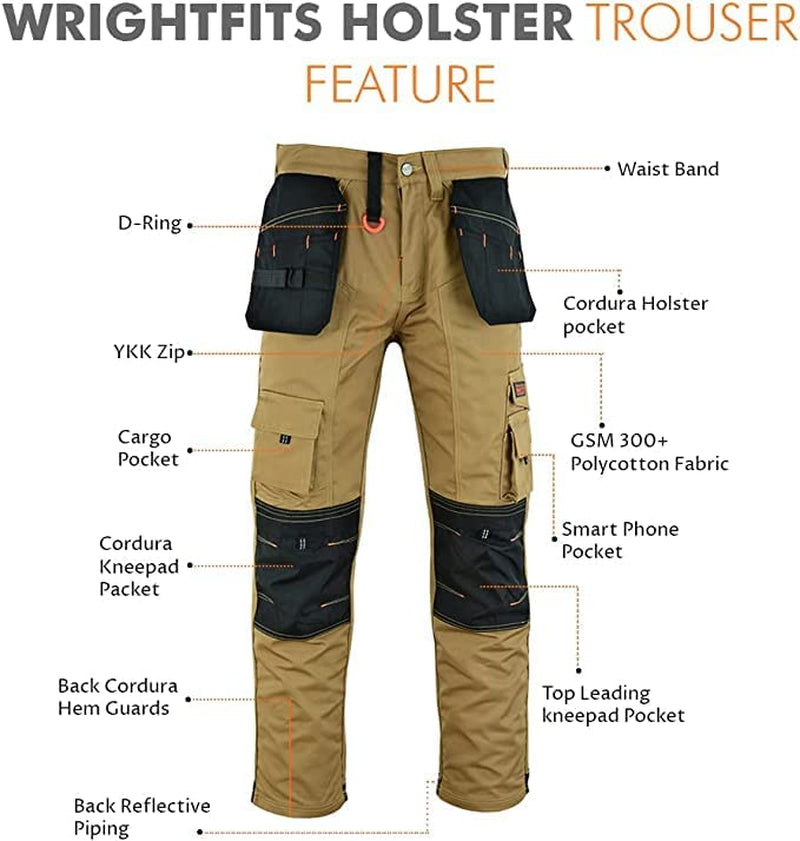 Men Holster Work Trousers Black - Heavy Duty Safety Combat Cargo Pants - Multi Pockets - Knee Pad Pockets - Triple Stitched - Durable Workwear