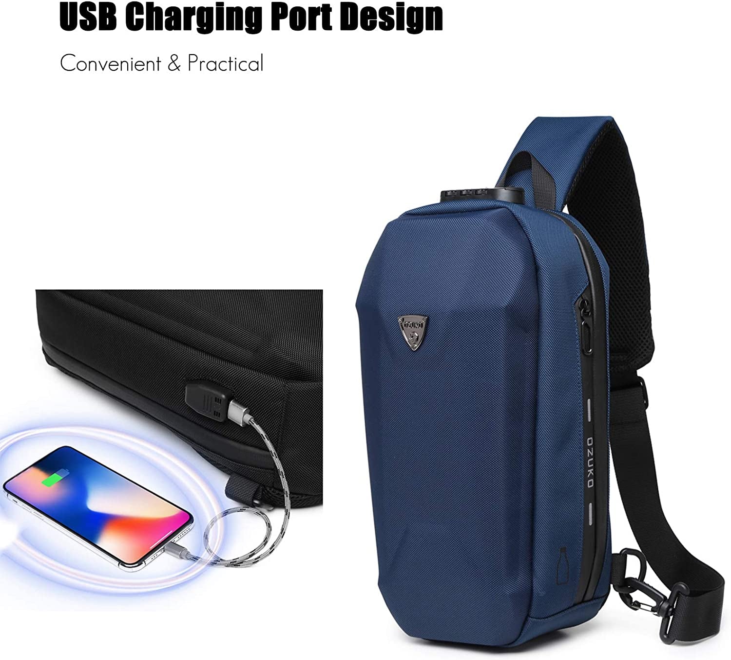 Outdoor Sling Chest Bag Anti-Theft Shoulder Crossbody Backpack Men Teens Casual Daypacks with USB Charging Port for Travel Work Hiking Running Indoor Activities Waterproof Polyester Dark Blue