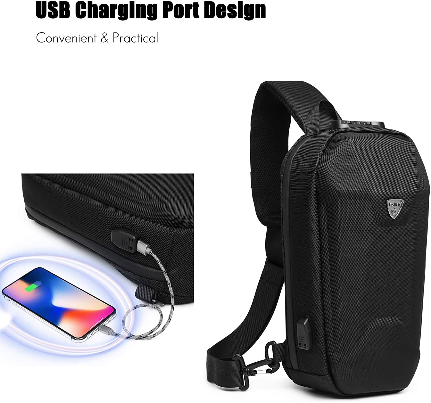 Outdoor Sling Chest Bag Anti-Theft Shoulder Crossbody Backpack Men Teens Casual Daypacks with USB Charging Port for Travel Work Hiking Running Indoor Activities Waterproof Polyester Black