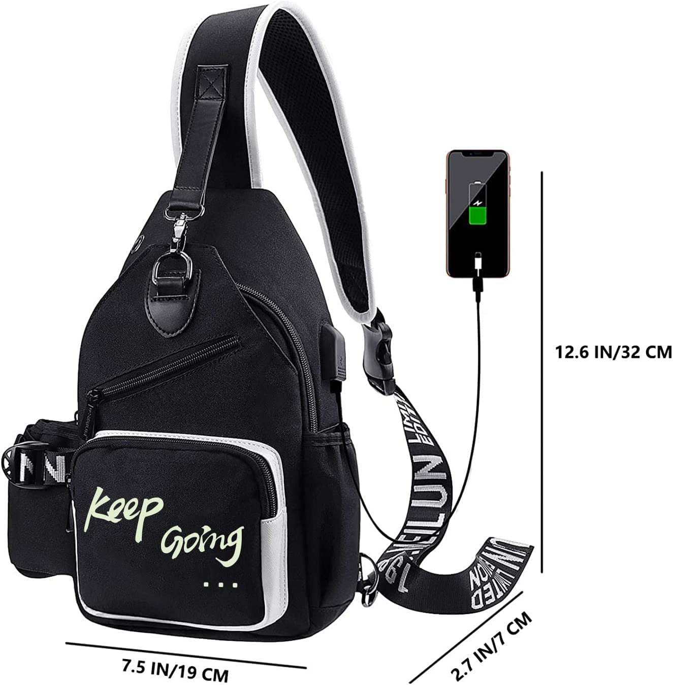 Luminous Sling Bag Cross Body Shoulder Backpack Multifunction Chest Bag with USB Charging Port for Men Boys Travel Sports Keep Going