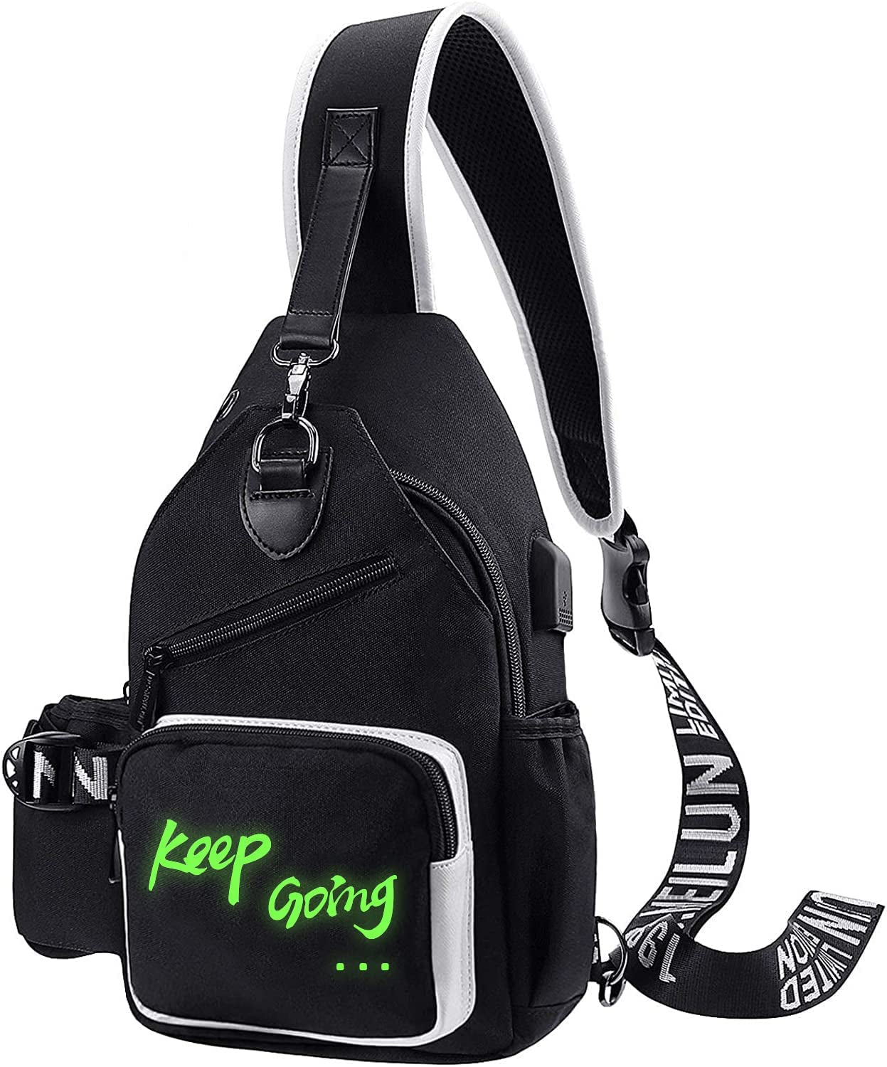 Luminous Sling Bag Cross Body Shoulder Backpack Multifunction Chest Bag with USB Charging Port for Men Boys Travel Sports Keep Going