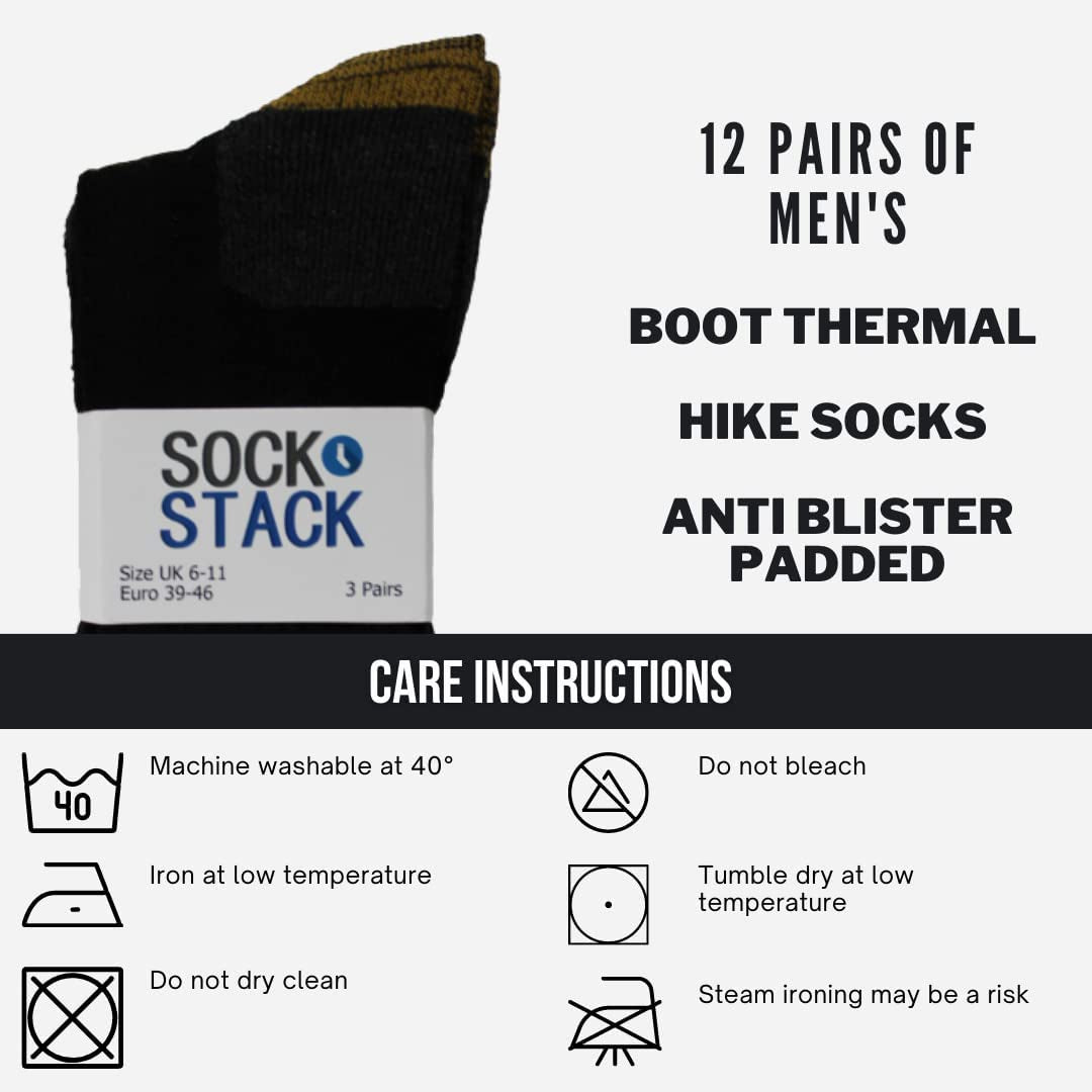Sock Stack 12 Pairs of Men'S Boot Thermal Hike Socks anti Blister Padded Sole Work Sock UK Size 6-11