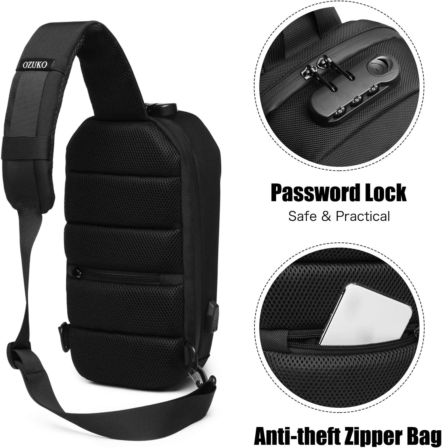 Outdoor Sling Chest Bag Anti-Theft Shoulder Crossbody Backpack Men Teens Casual Daypacks with USB Charging Port for Travel Work Hiking Running Indoor Activities Waterproof Polyester Black