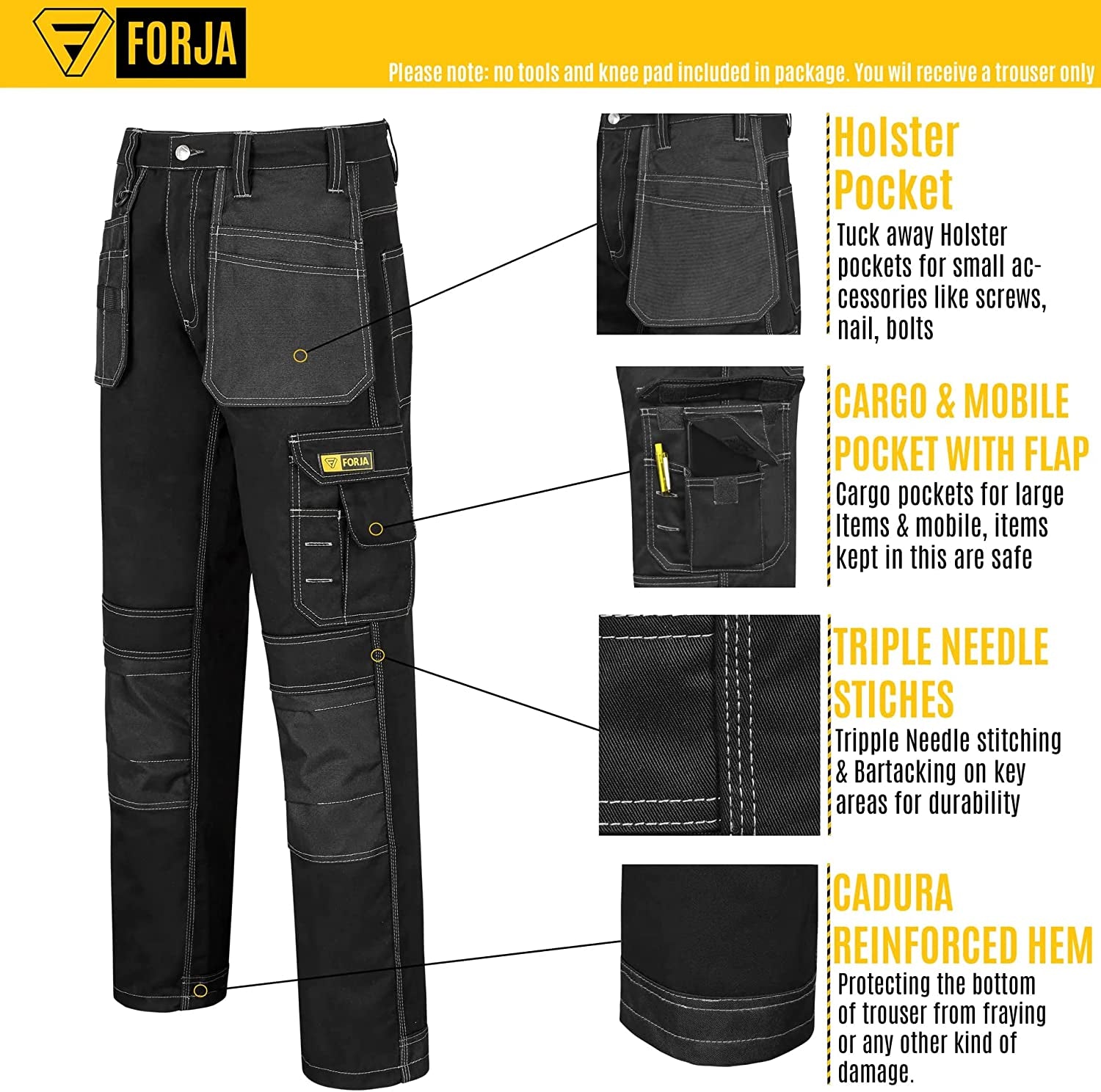 Work Trousers Men Multi Pockets Work Utility & Safety Trousers with Holster and Knee Pad Pockets Ideal Work Pant for Site Work Builders Electricians Gardening Workwear Trouser Men