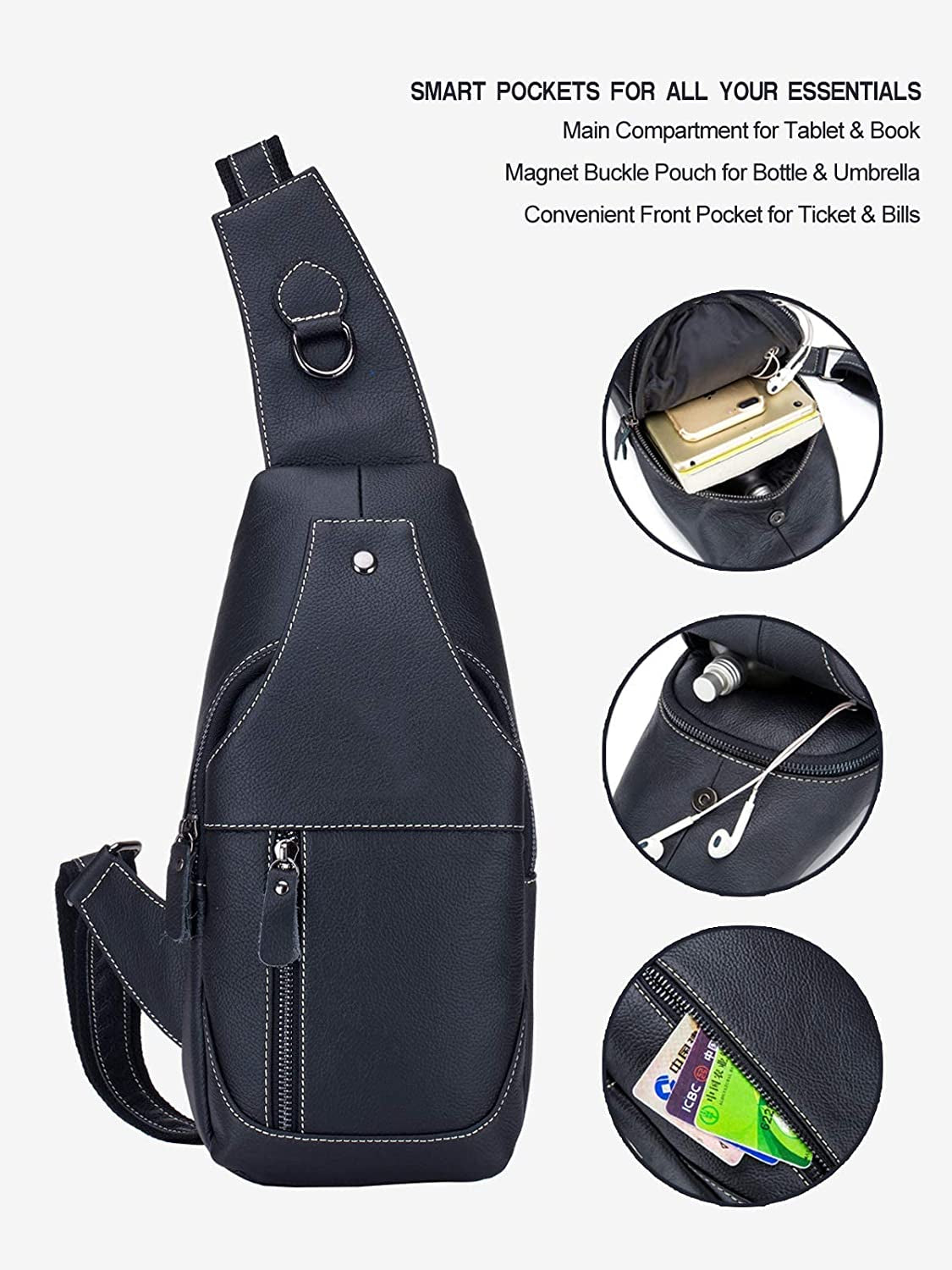 Men'S Sling Bag Genuine Leather Bags for Men Crossbody Bag Chest Shoulder Backpack Vintage Water Resistant