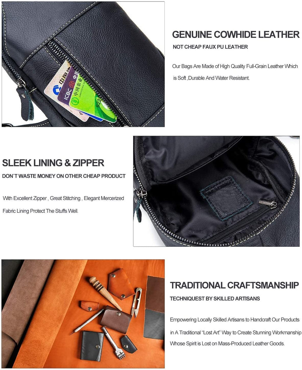 Men'S Sling Bag Genuine Leather Bags for Men Crossbody Bag Chest Shoulder Backpack Vintage Water Resistant