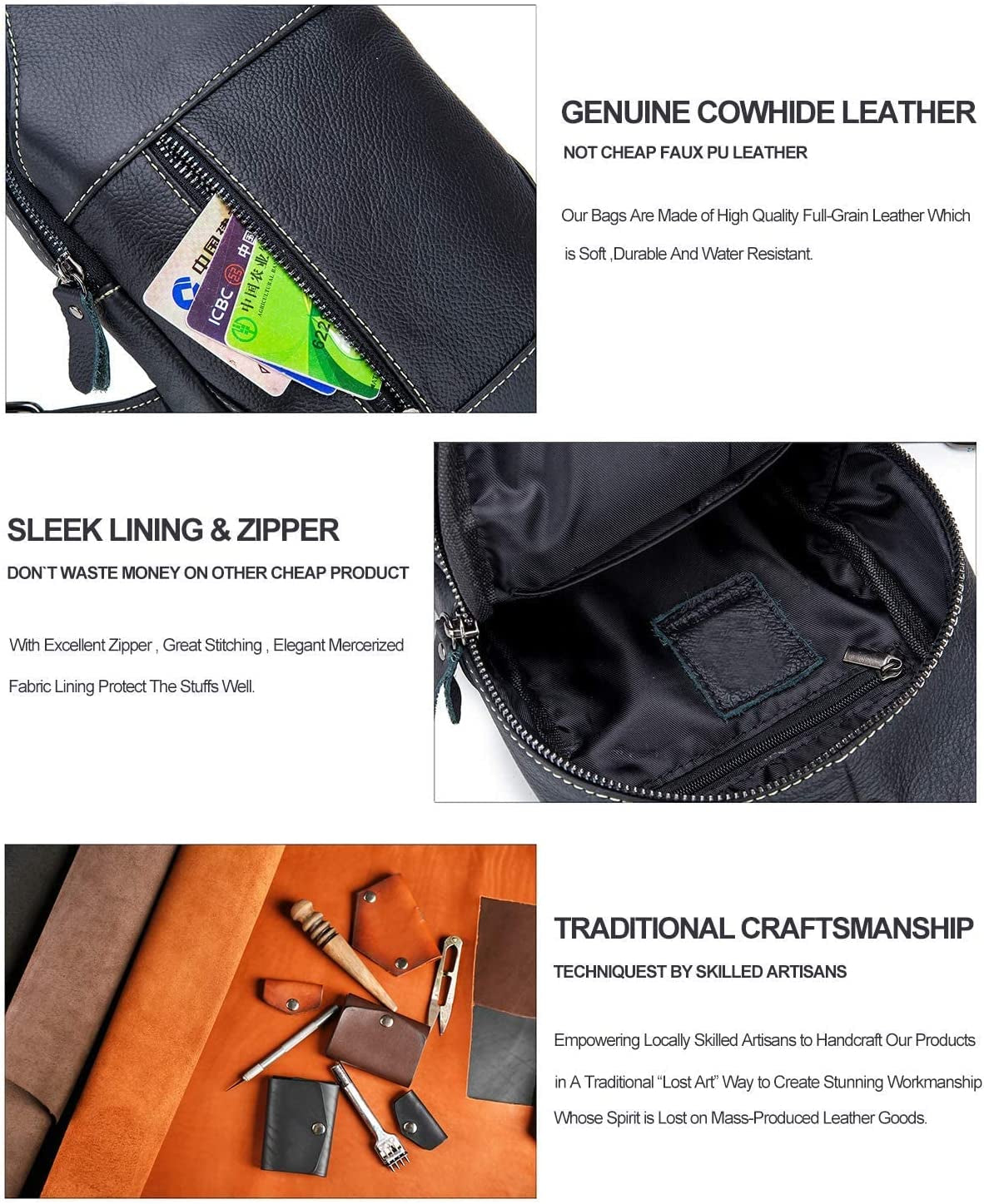 Men'S Sling Bag Genuine Leather Bags for Men Crossbody Bag Chest Shoulder Backpack Vintage Water Resistant