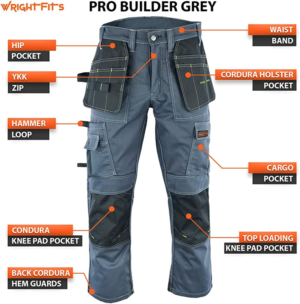 Men Pro Builder Work Trousers Black & Grey - Heavy Duty Safety Combat Cargo Pants - Multi Pockets - Knee Pad Pockets - Triple Stitched - Durable Workwear (30W to 42W)
