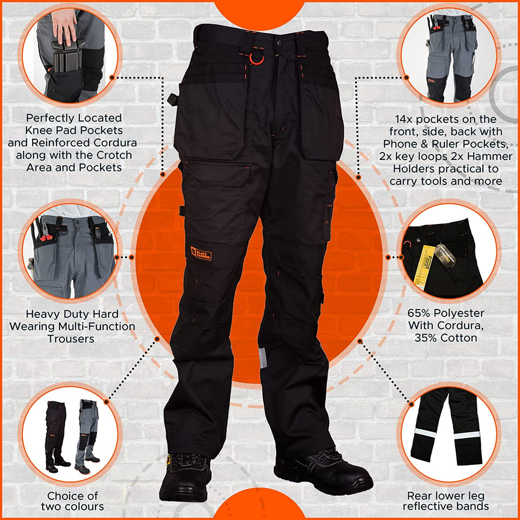 Mens Work Trousers Multi Pockets Cargo Heavy Duty Triple Stitched with Cordura Reinforcing Stress Points and Knee Pad Pockets Phenomenal Adult Workwear Trousers