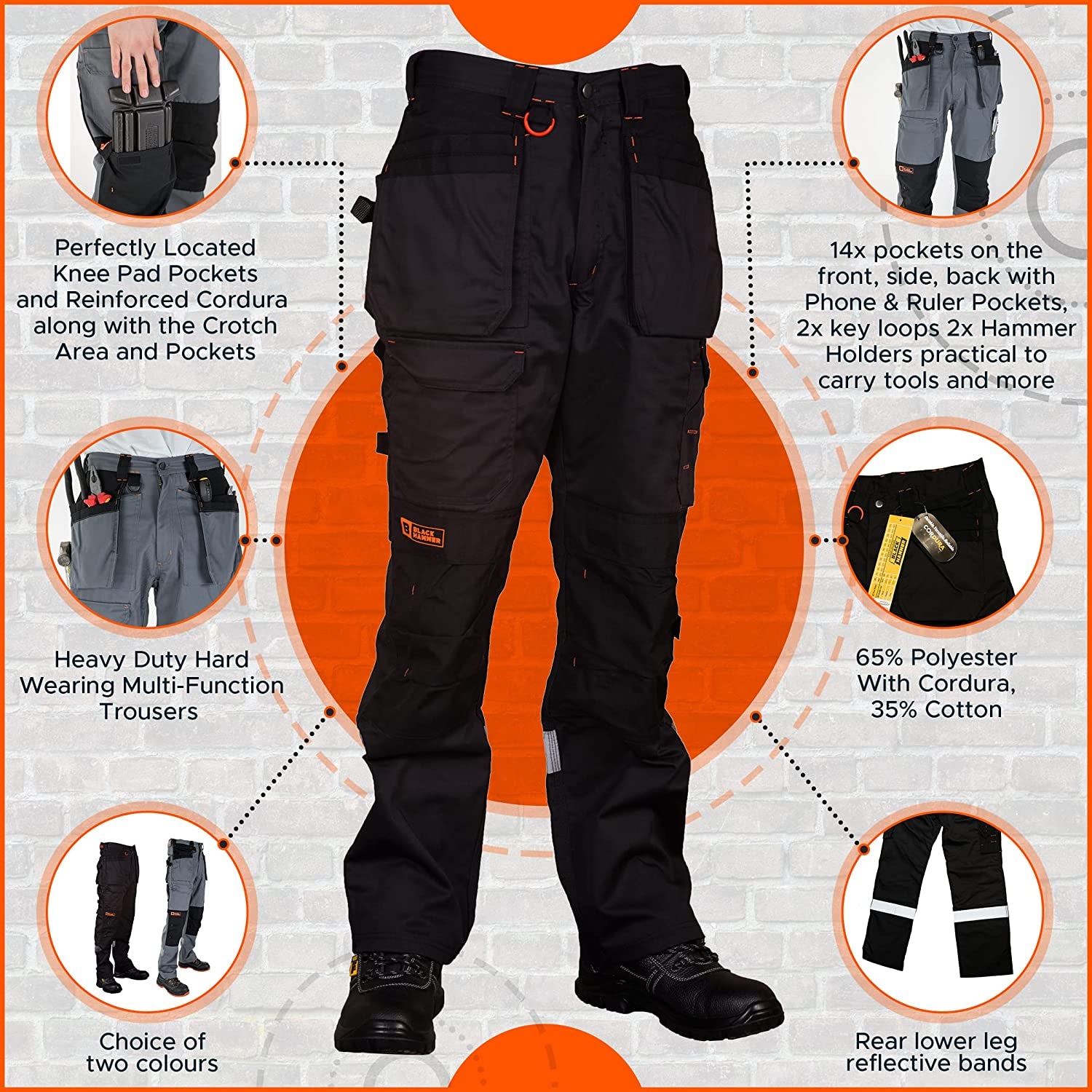 Mens Work Trousers Multi Pockets Cargo Heavy Duty Triple Stitched with Cordura Reinforcing Stress Points and Knee Pad Pockets Phenomenal Adult Workwear Trousers