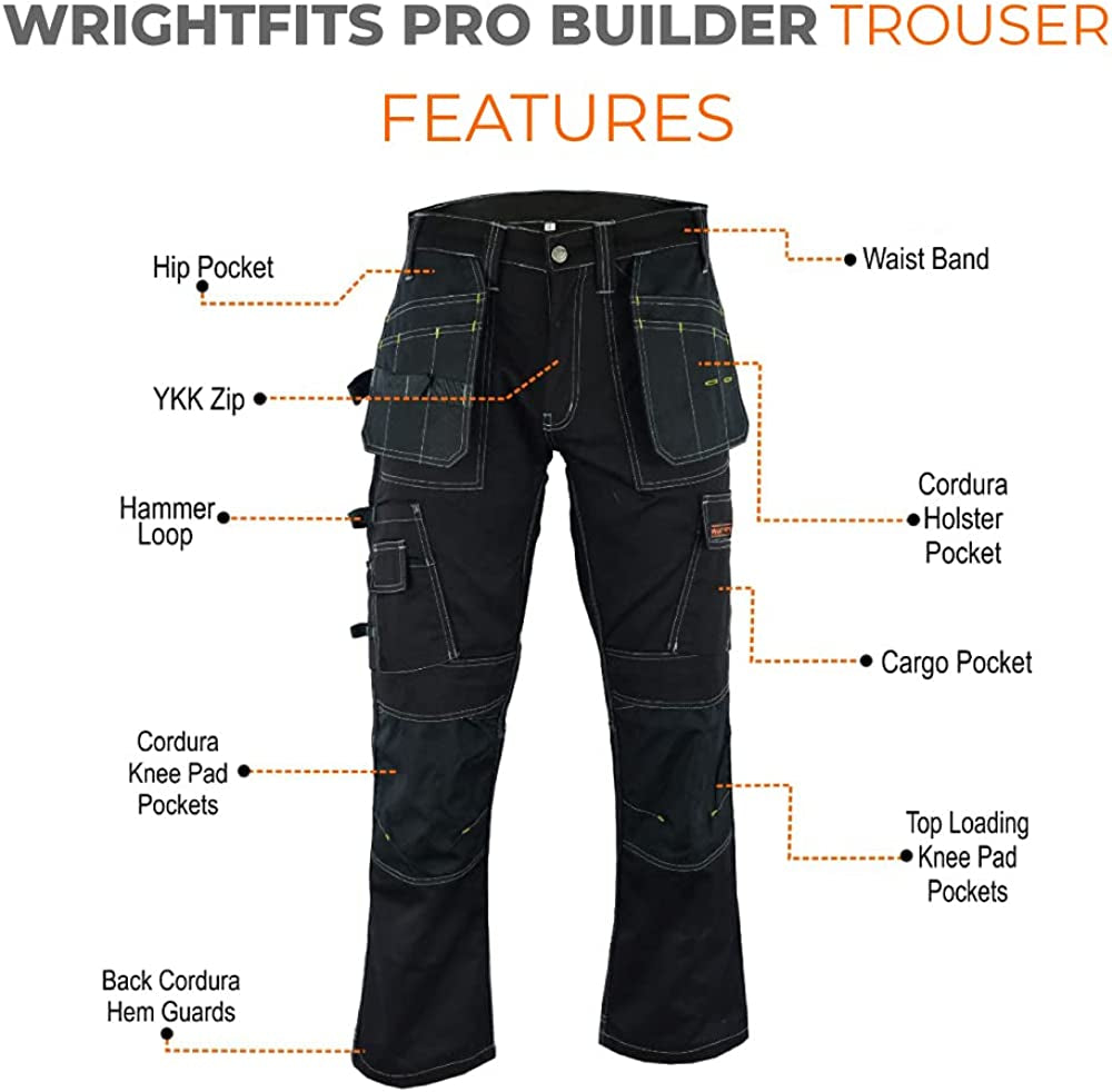 Men Pro Builder Work Trousers Black & Grey - Heavy Duty Safety Combat Cargo Pants - Multi Pockets - Knee Pad Pockets - Triple Stitched - Durable Workwear (30W to 42W)