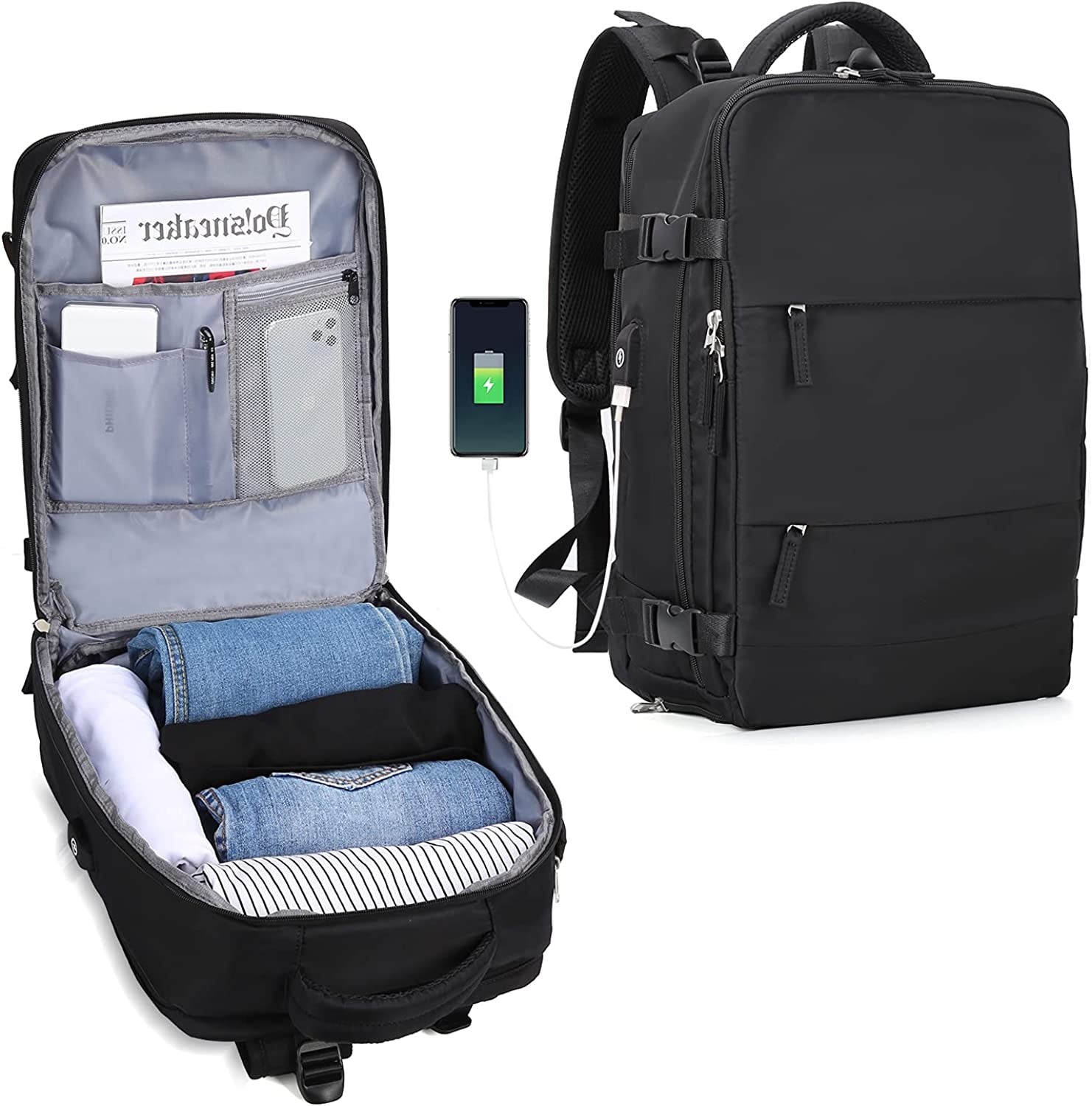 Large Travel Backpack Women, Carry on Backpack Men,Hiking Backpack Waterproof Outdoor Sports Rucksack Casual Daypack School Bag Fit 14 Inch Laptop with USB Charging Port Shoes Compartment