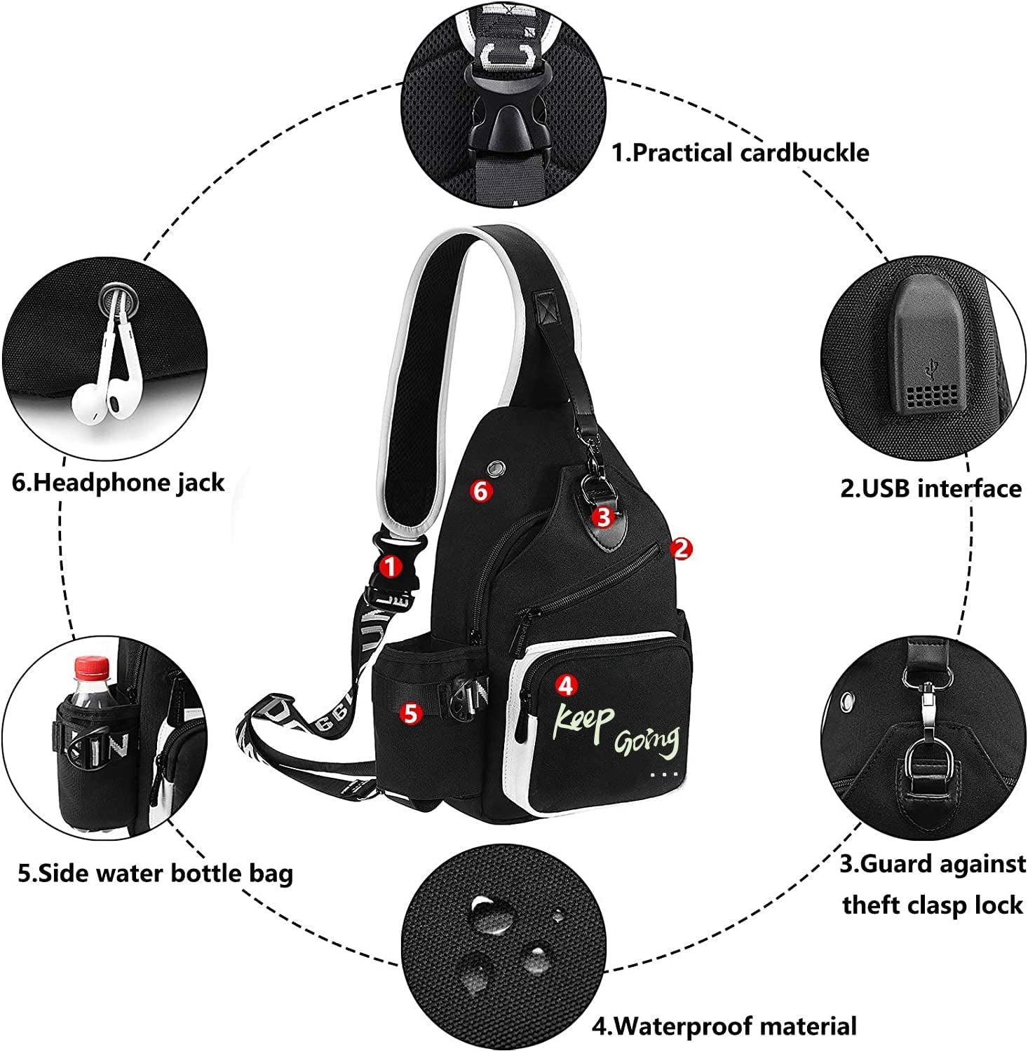 Luminous Sling Bag Cross Body Shoulder Backpack Multifunction Chest Bag with USB Charging Port for Men Boys Travel Sports Keep Going