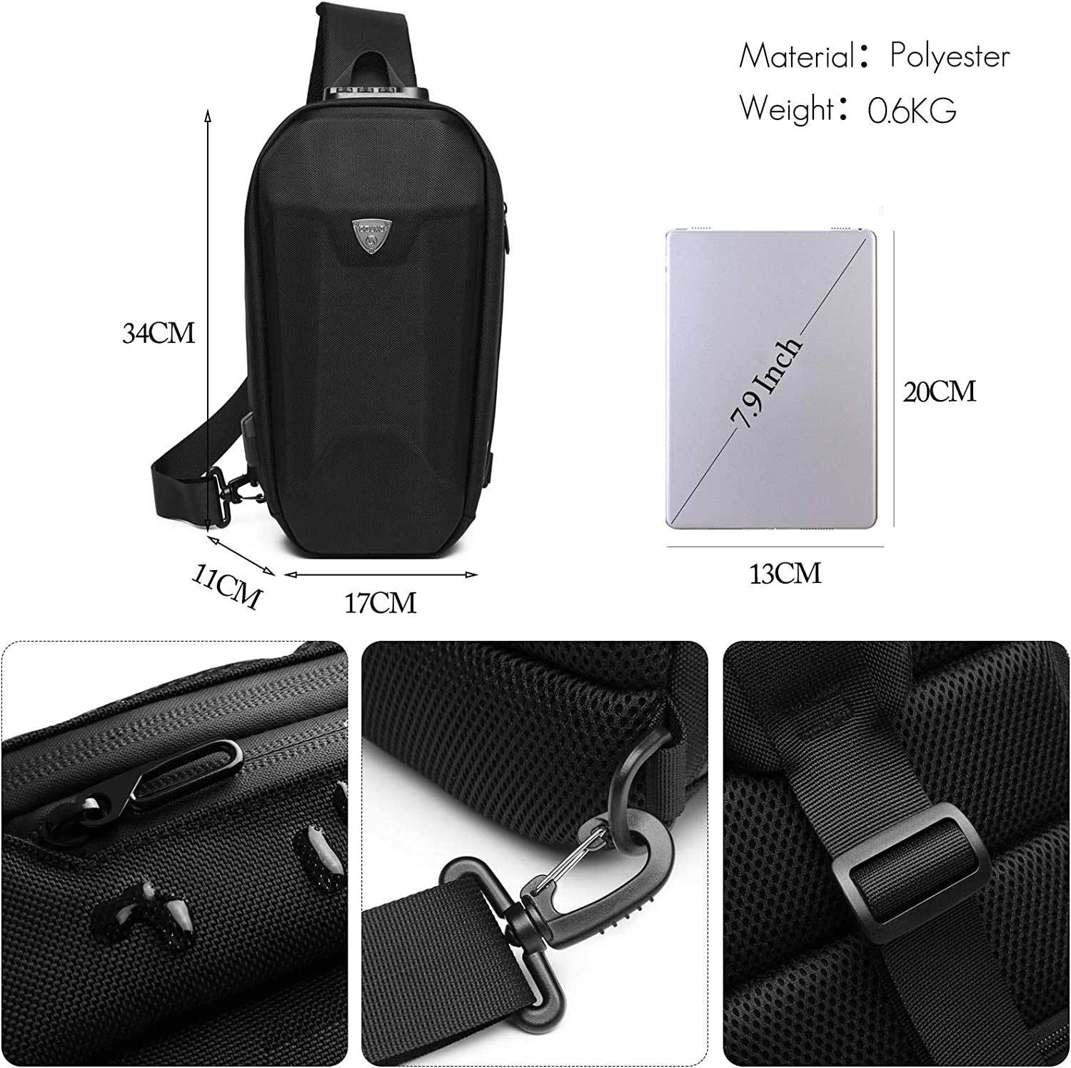 Outdoor Sling Chest Bag Anti-Theft Shoulder Crossbody Backpack Men Teens Casual Daypacks with USB Charging Port for Travel Work Hiking Running Indoor Activities Waterproof Polyester Black