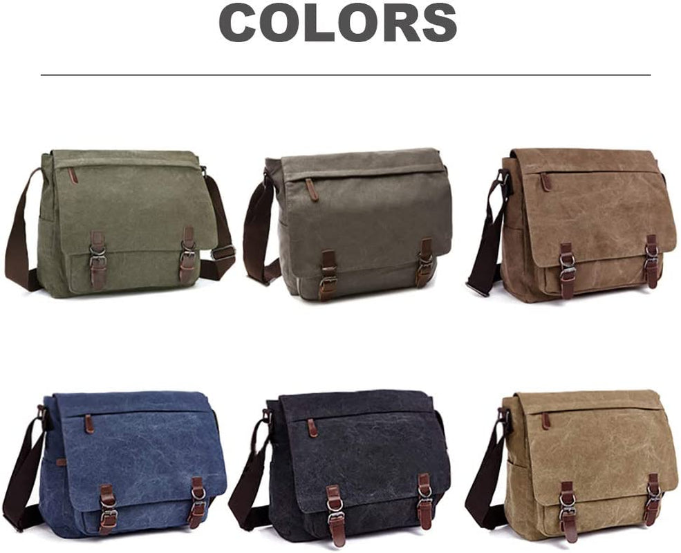 Messenger Shoulder Bag for Men Canvas Laptop Casual Day Bag Cross-Body Briefcase Schoolbag (Brown, L)
